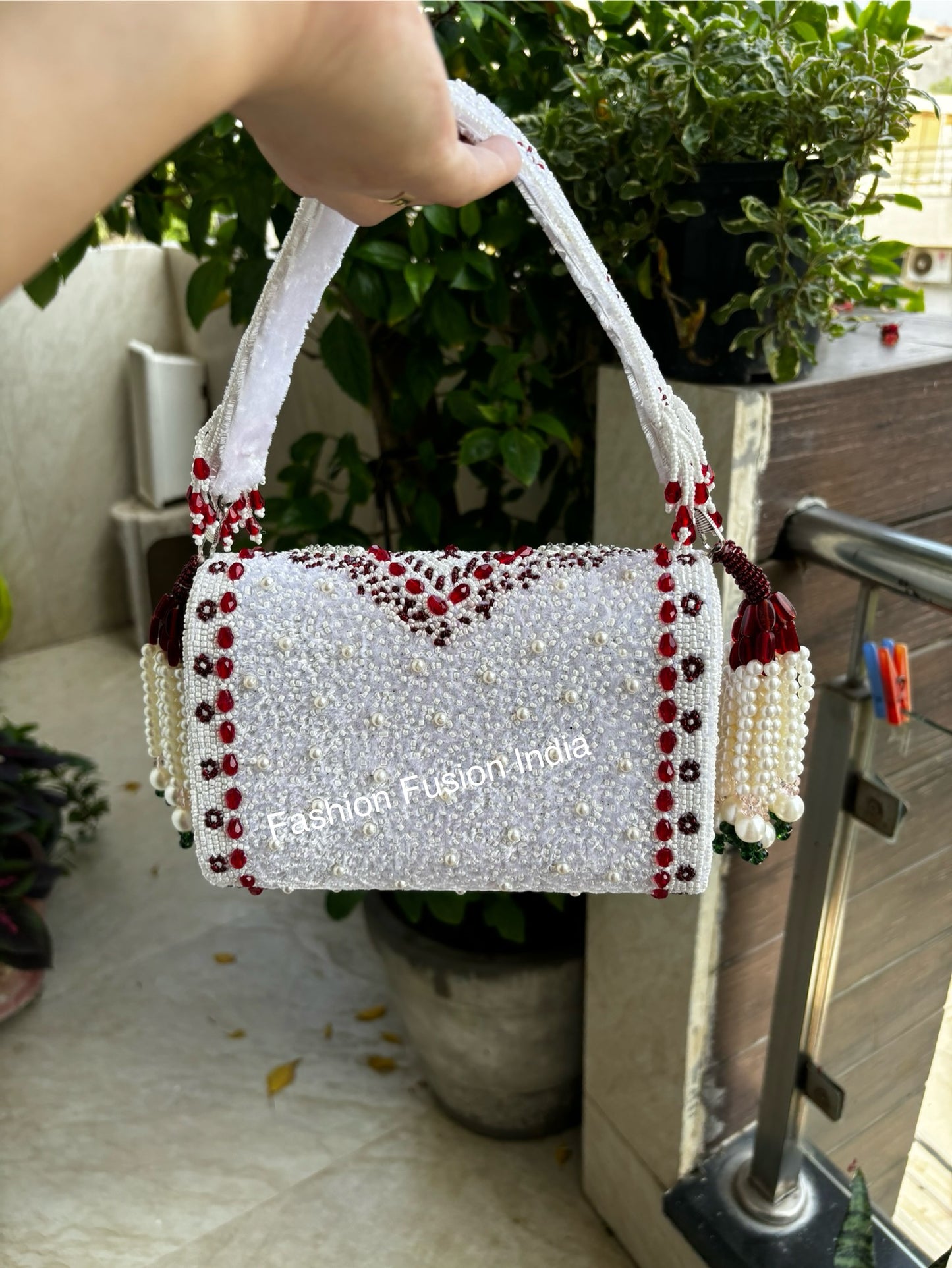 White Beaded Clutch Bag | Red Hand Embroidered Bridal Purse | Pearl Tassel Handbag | Indian Wedding Clutch | Designer Handmade Evening Bag | Fashion Fusion India