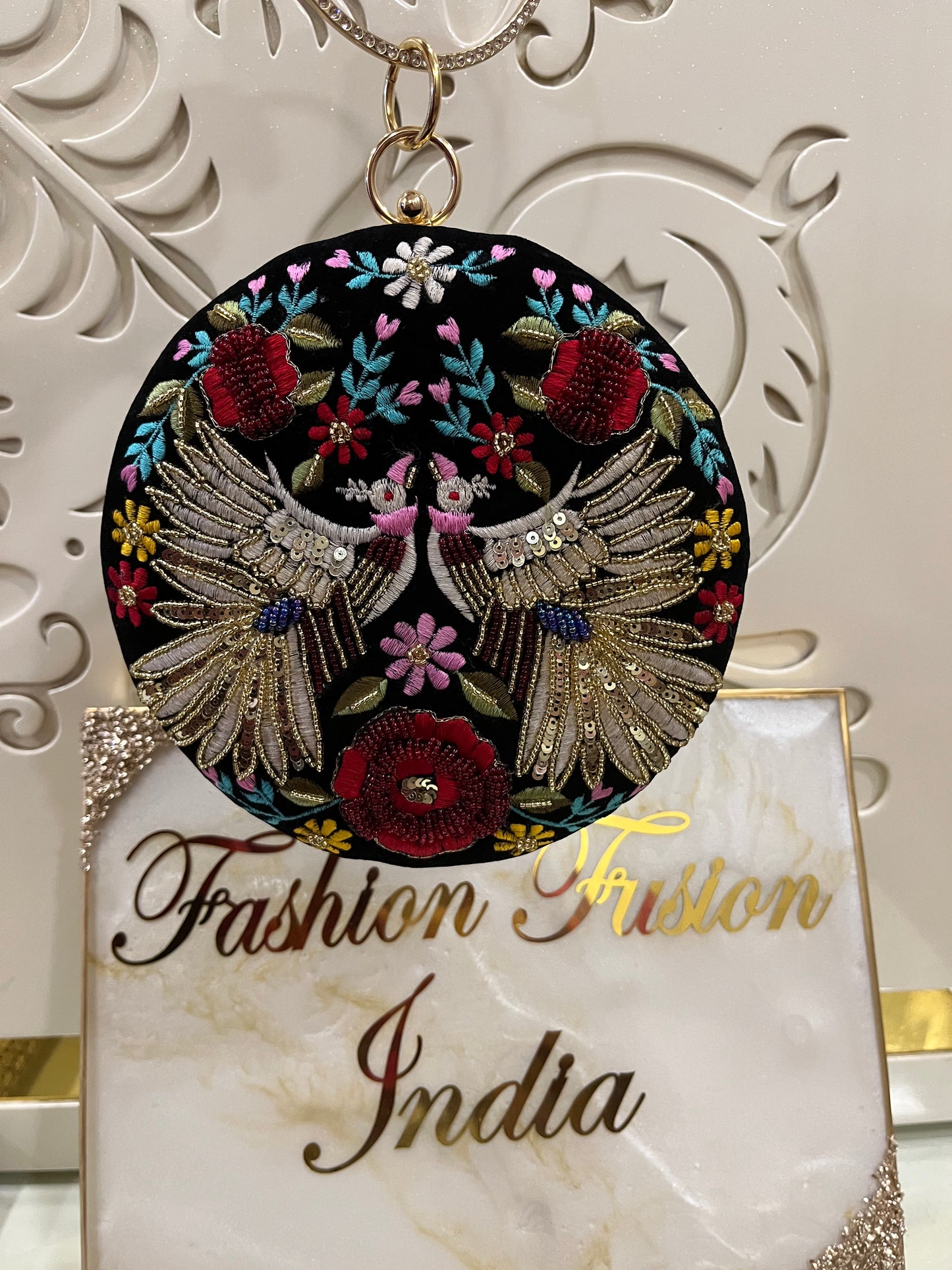 Embroidered Bird Round Clutch – Handmade Designer Party & Bridal Purse by Fashion Fusion India