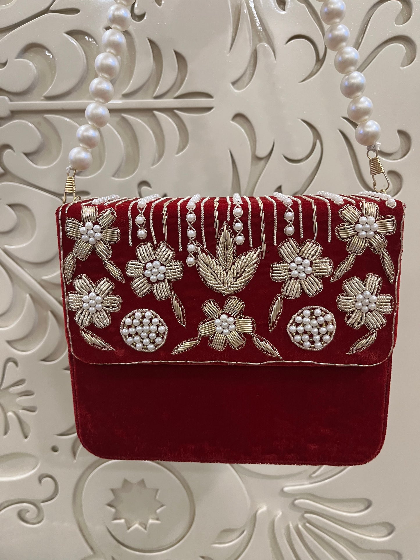 Velvet Embroidered Pearl Box Clutch Bag – Handmade MDF Hardcase Purse for Bridal & Festive Wear | Designer Party Clutch by Fashion Fusion India
