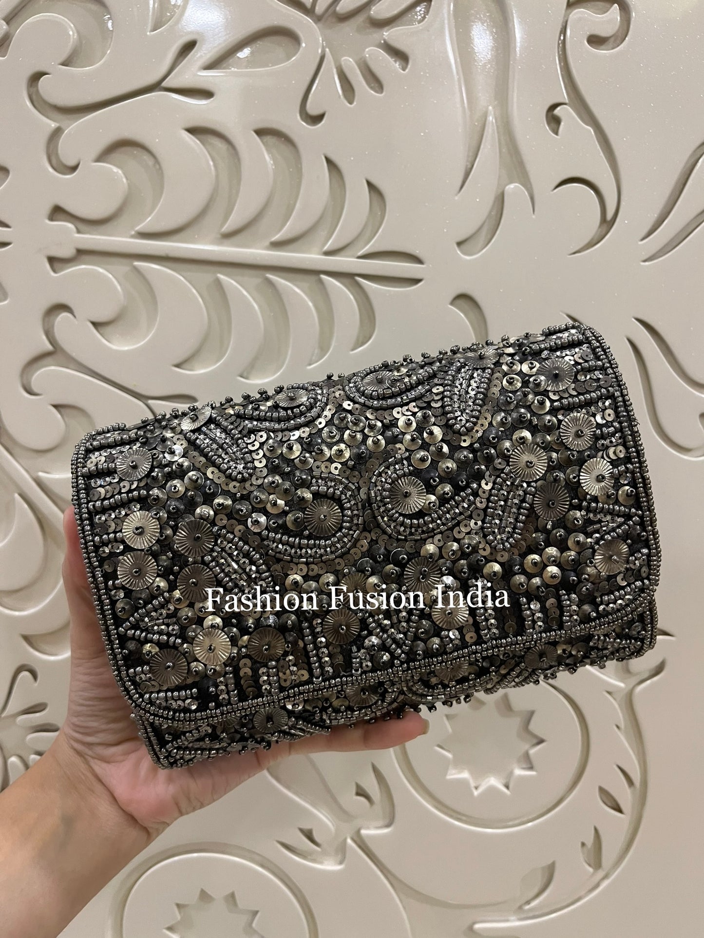Antique Silver Beaded Clutch Bag – Handmade Designer Bridal & Party Purse by Fashion Fusion India
