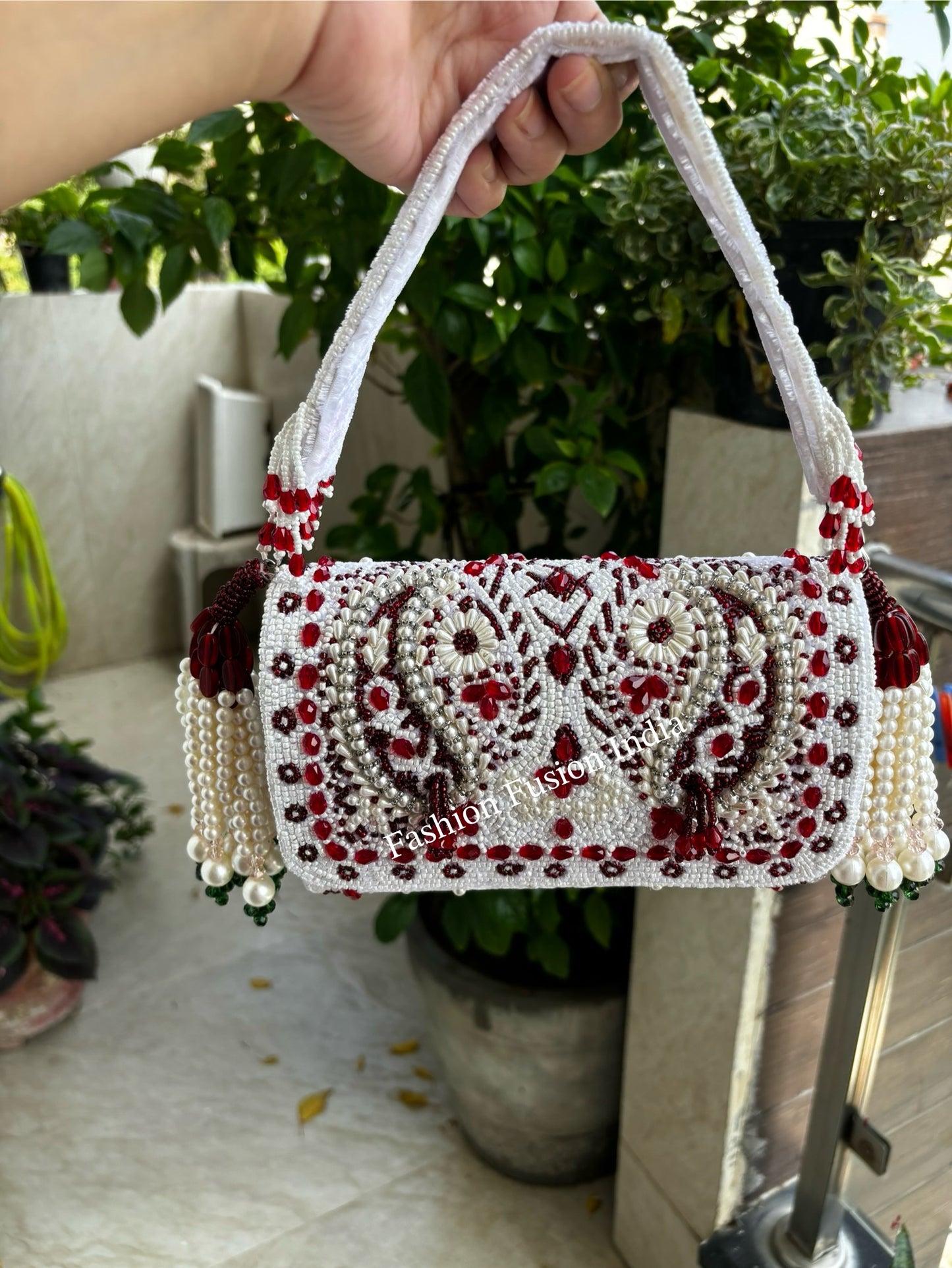 White Beaded Clutch Bag | Red Hand Embroidered Bridal Purse | Pearl Tassel Handbag | Indian Wedding Clutch | Designer Handmade Evening Bag | Fashion Fusion India