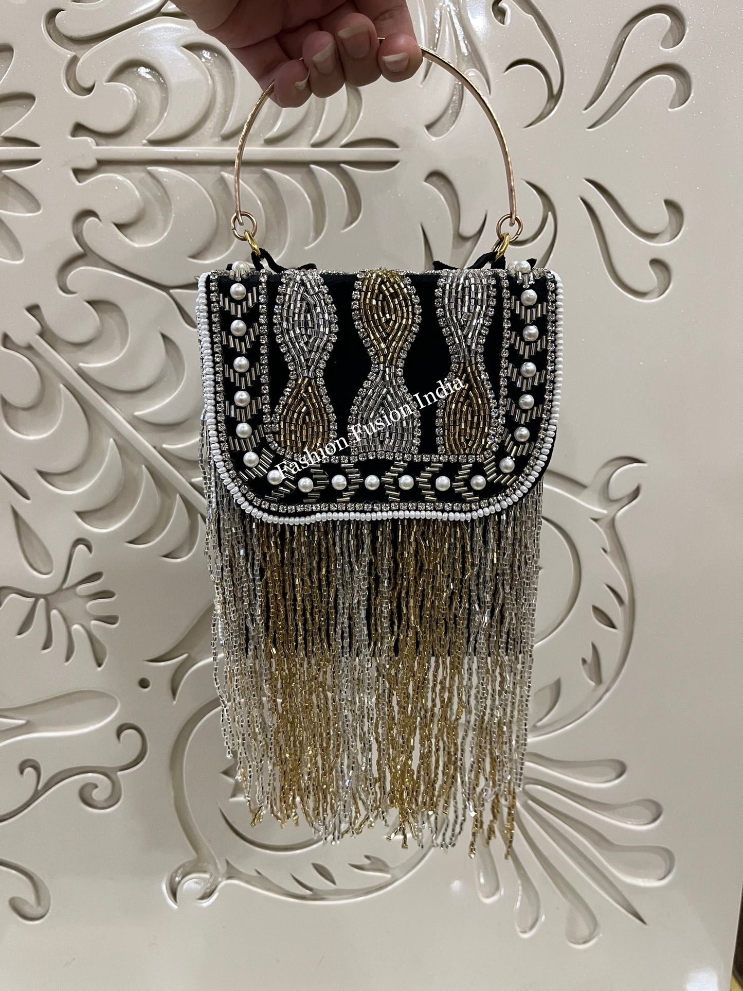Black Beaded Fringe Clutch Bag – Handcrafted Party & Festive Purse by Fashion Fusion India