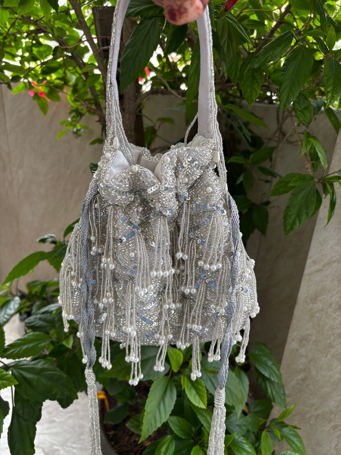 Silver Tassel Potli Bag | Handmade Sequin & Pearl Beaded Wedding Purse