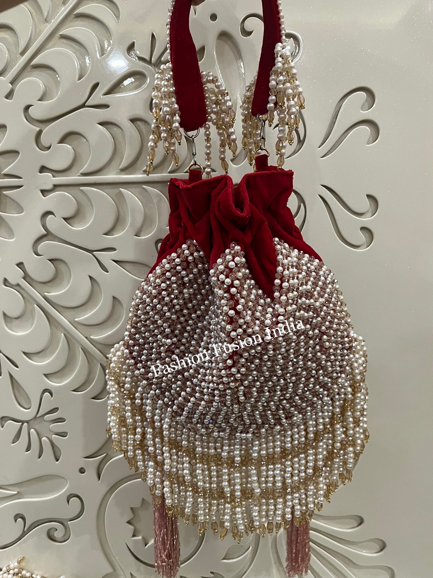 Velvet Pearl Beaded Potli Bag – Handcrafted Bridal & Festive Purse by Fashion Fusion India