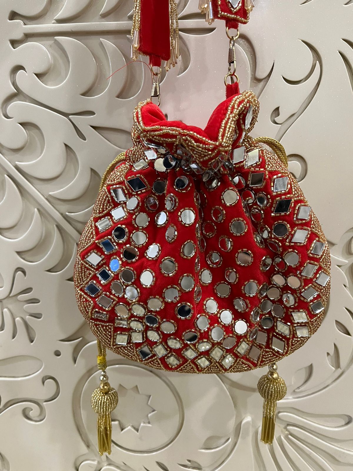 Mirror Embroidered Potli Bag – Handmade Bridal & Festive Purse | Designer Green, Red, Dark Green & Coral Potli for Weddings & Parties by Fashion Fusion India