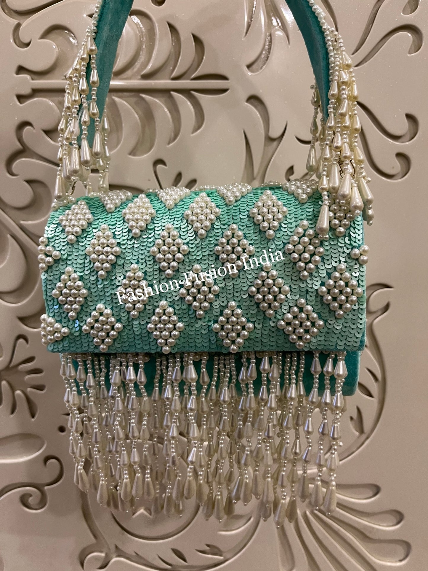 Sequin Pearl Flap Clutch Bag – Handmade Designer Bridal & Party Purse by Fashion Fusion India