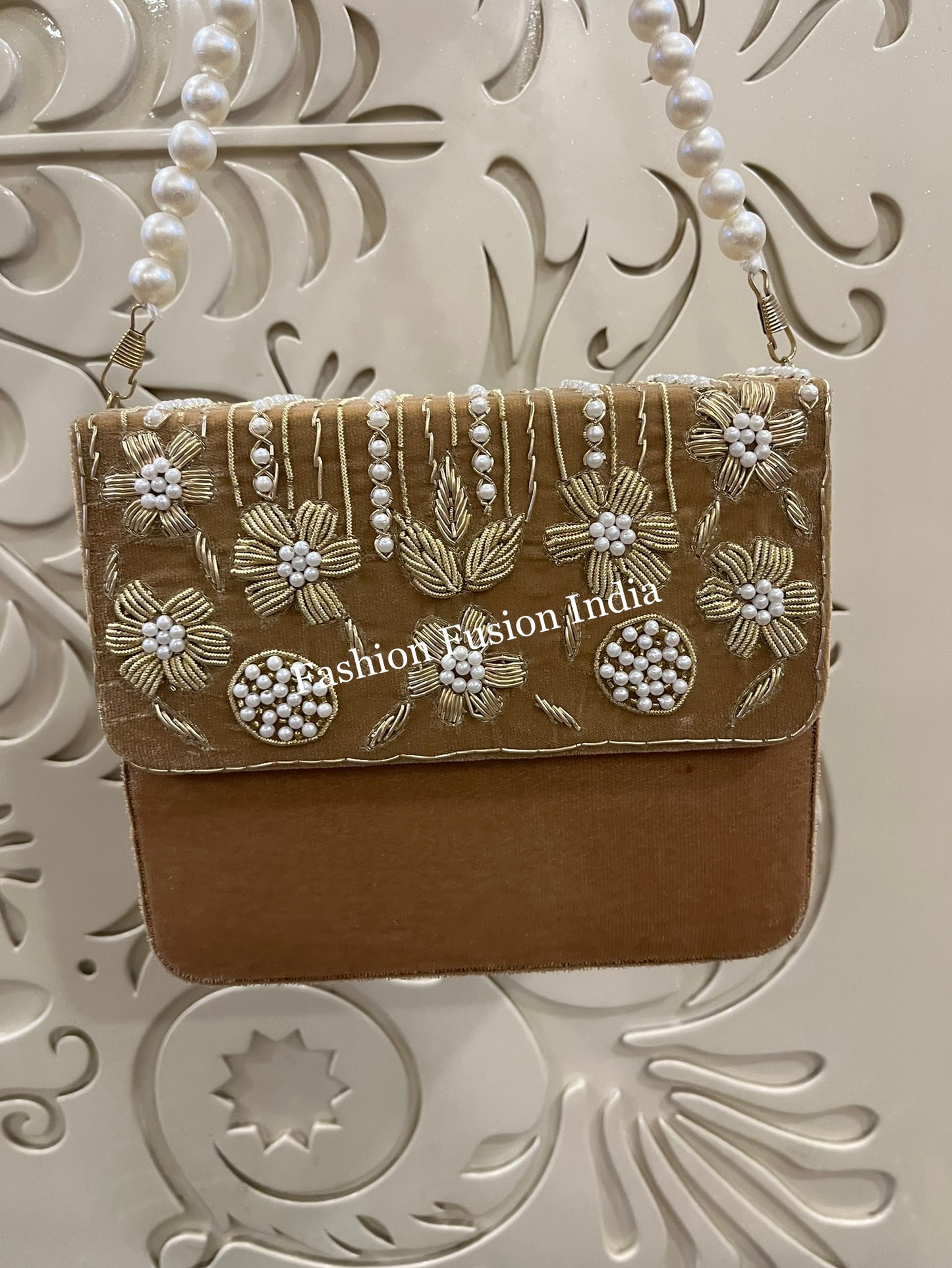 Velvet Embroidered Pearl Box Clutch Bag – Handmade MDF Hardcase Purse for Bridal & Festive Wear | Designer Party Clutch by Fashion Fusion India