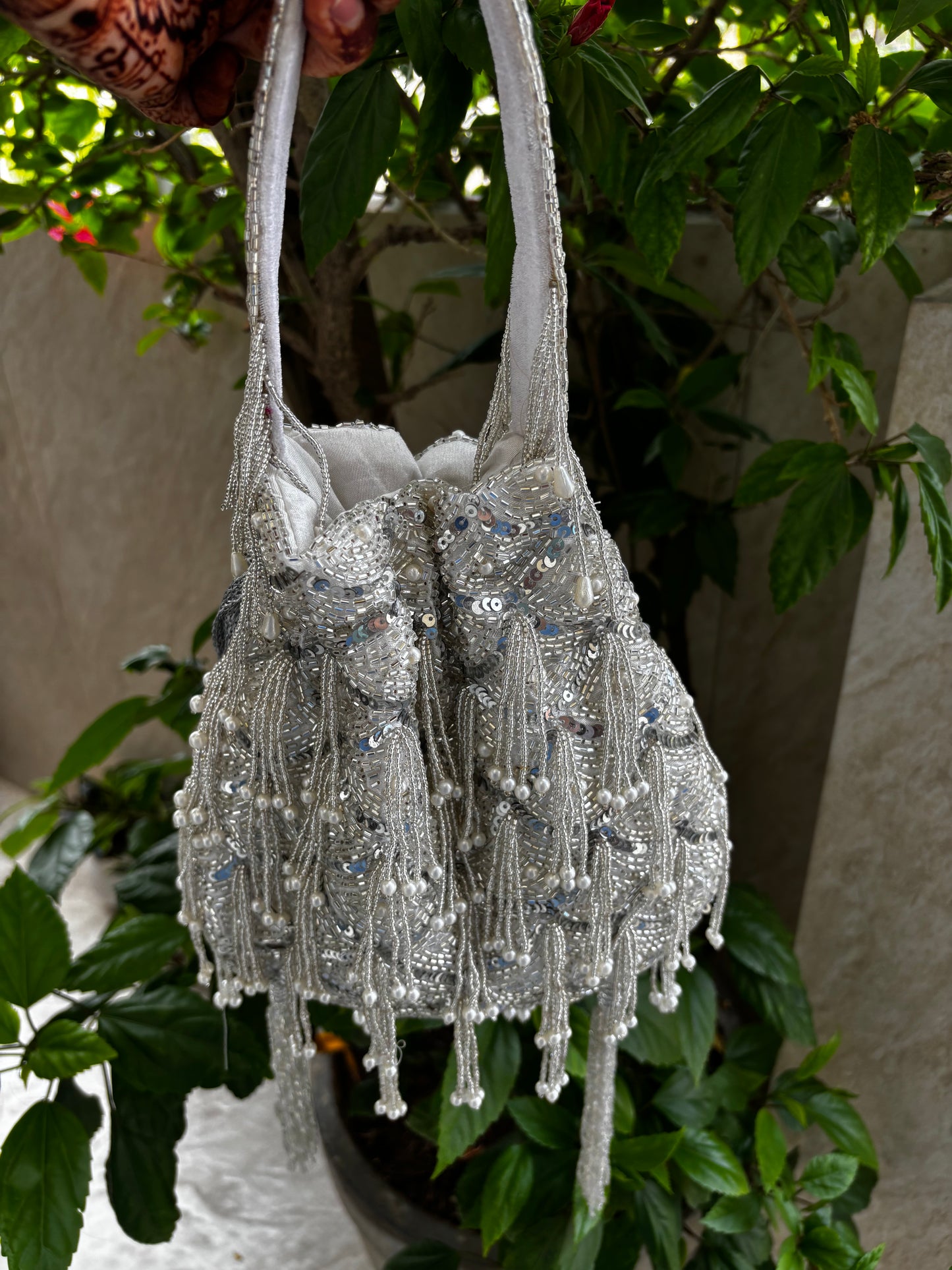 Silver Tassel Potli Bag | Handmade Sequin & Pearl Beaded Wedding Purse