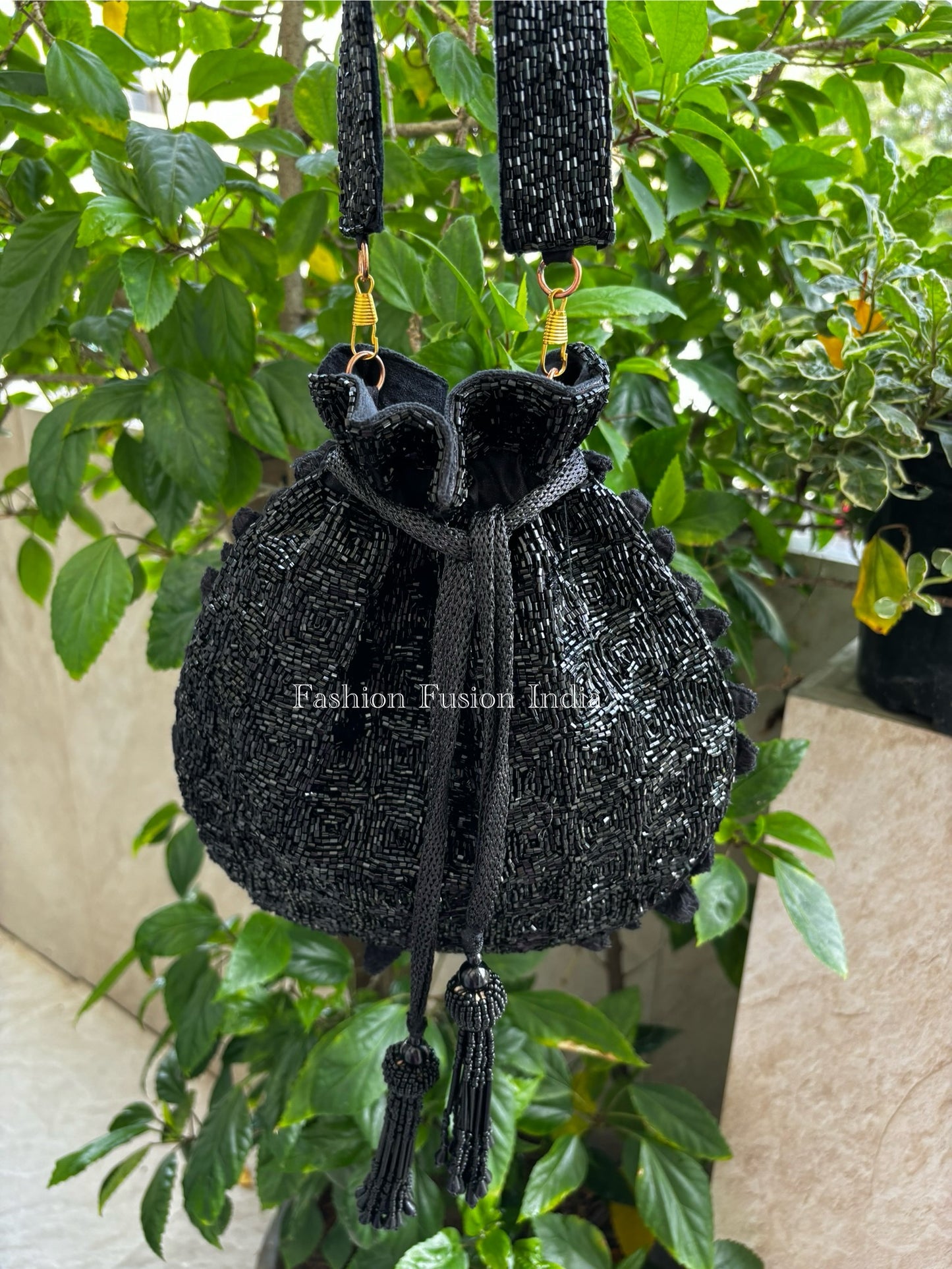 Black Beaded Flower Petal Potli Bag | Hand Embroidered Evening Clutch Purse for Weddings & Parties – Fashion Fusion India