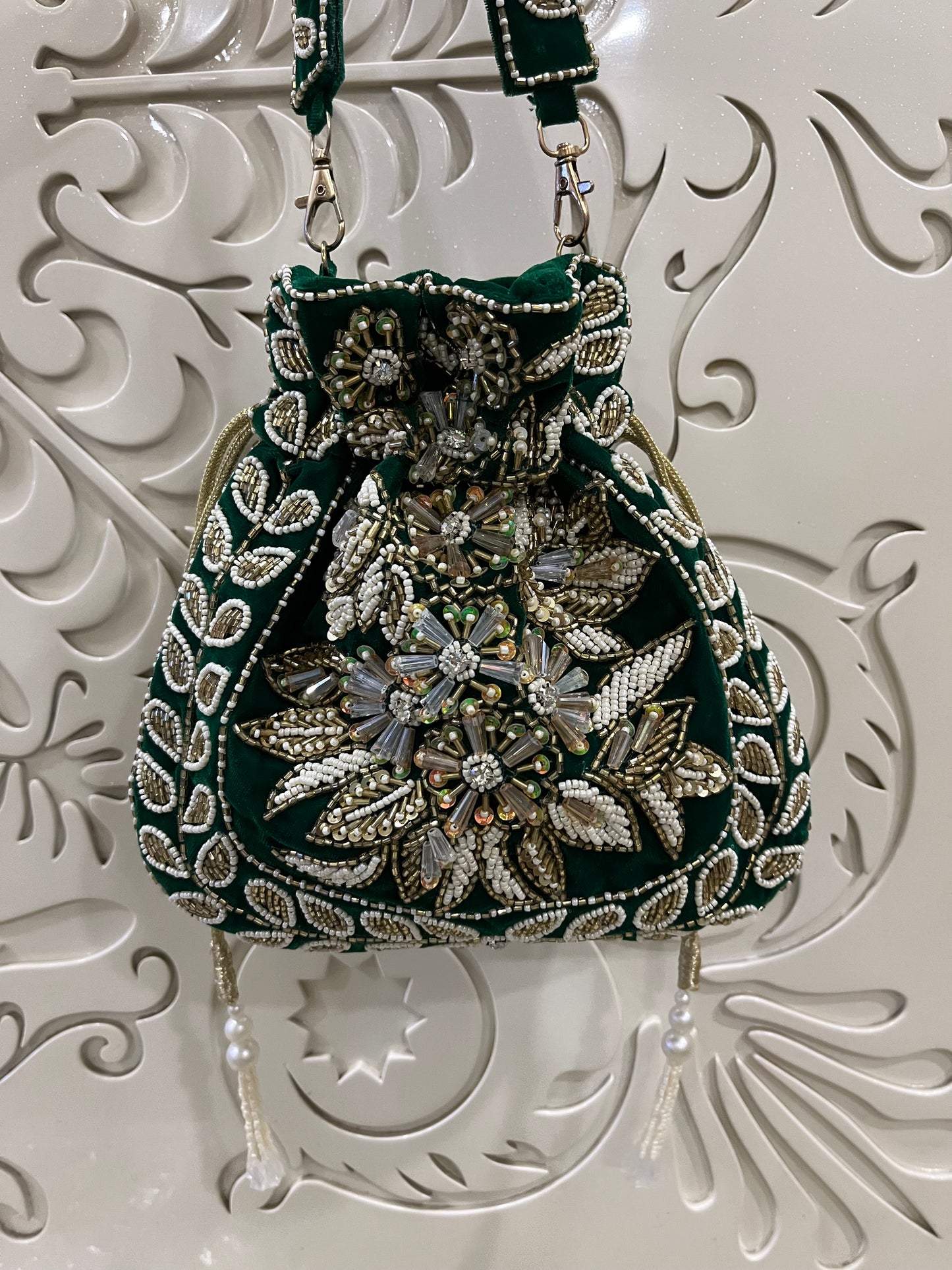 Velvet Embroidered Beaded Potli Bag – Handmade Bridal & Festive Party Clutch | Fashion Fusion India