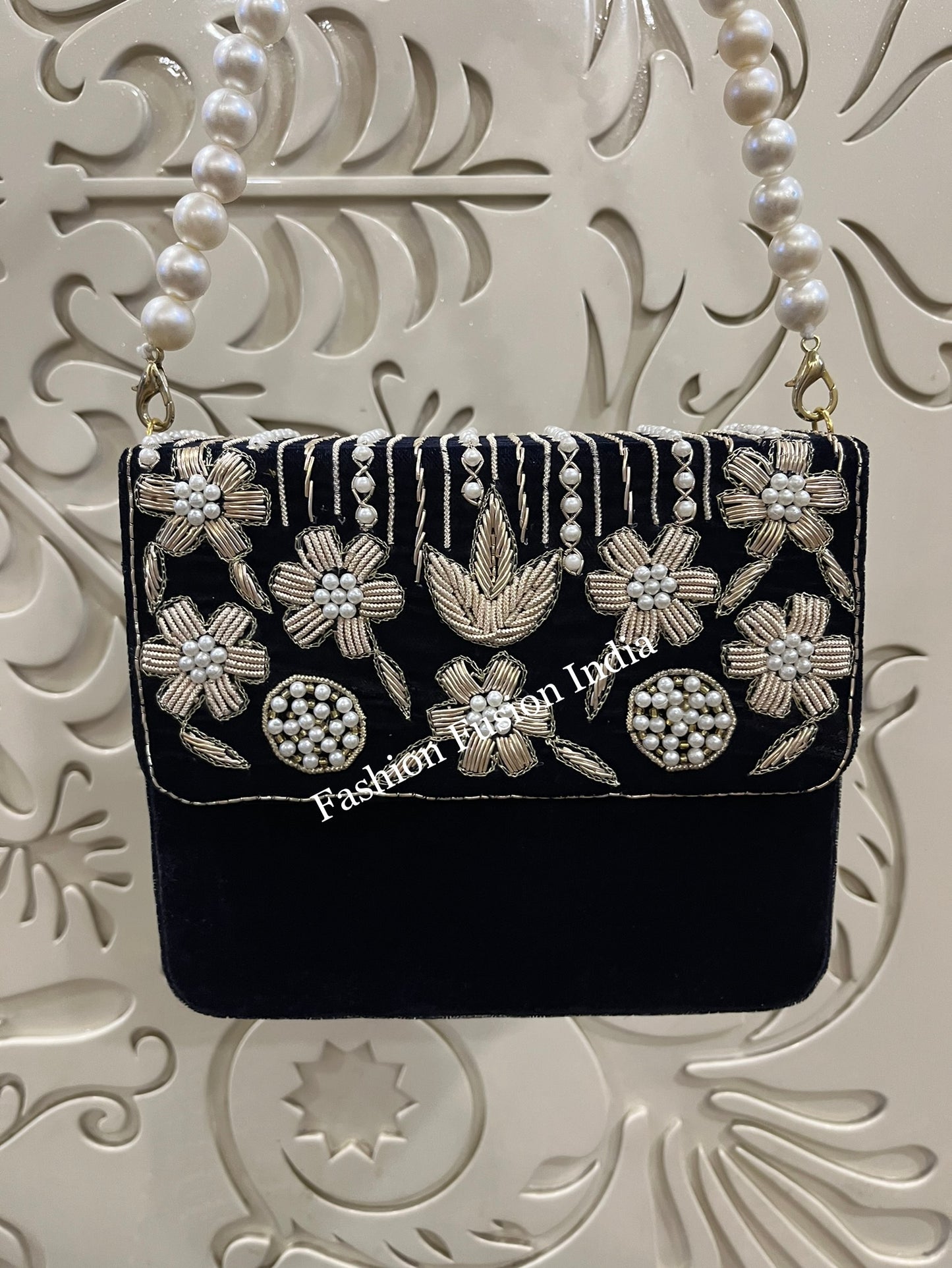 Velvet Embroidered Pearl Box Clutch Bag – Handmade MDF Hardcase Purse for Bridal & Festive Wear | Designer Party Clutch by Fashion Fusion India