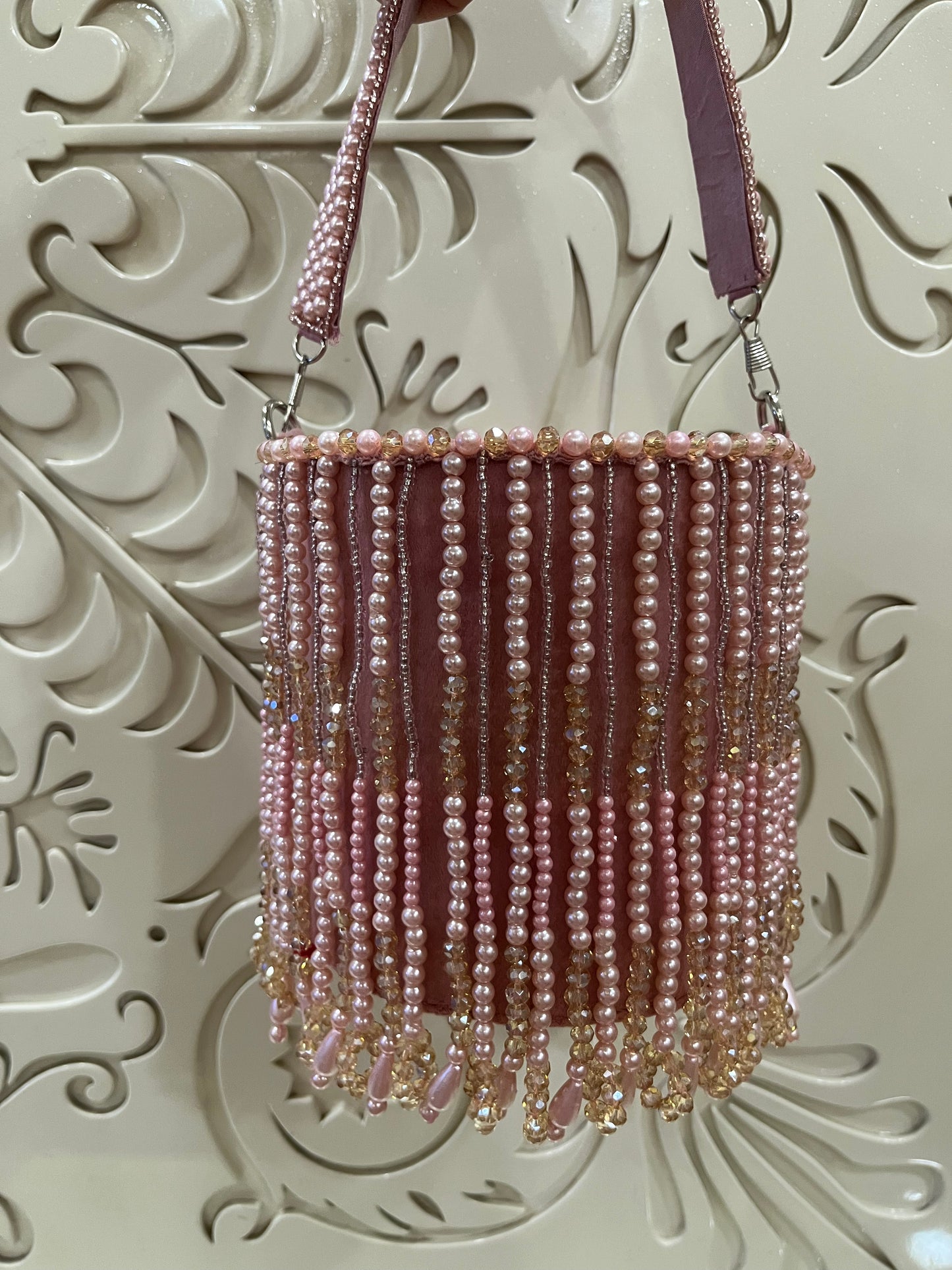 Pink Pearl Beaded Bucket Bag – Handmade Designer Bridal & Party Purse by Fashion Fusion India