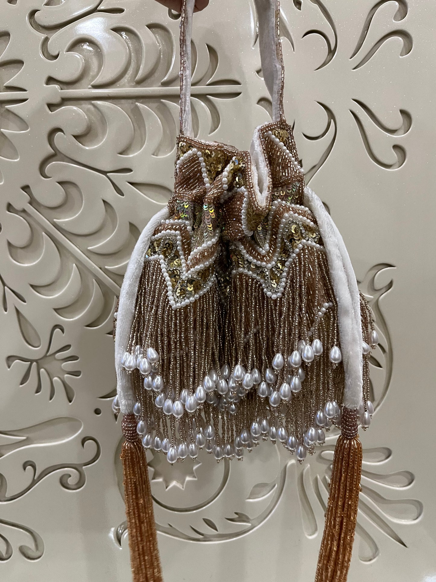 Rose Gold Beaded Potli Bag with Pearls – Handmade Bridal & Festive Party Clutch | Fashion Fusion India