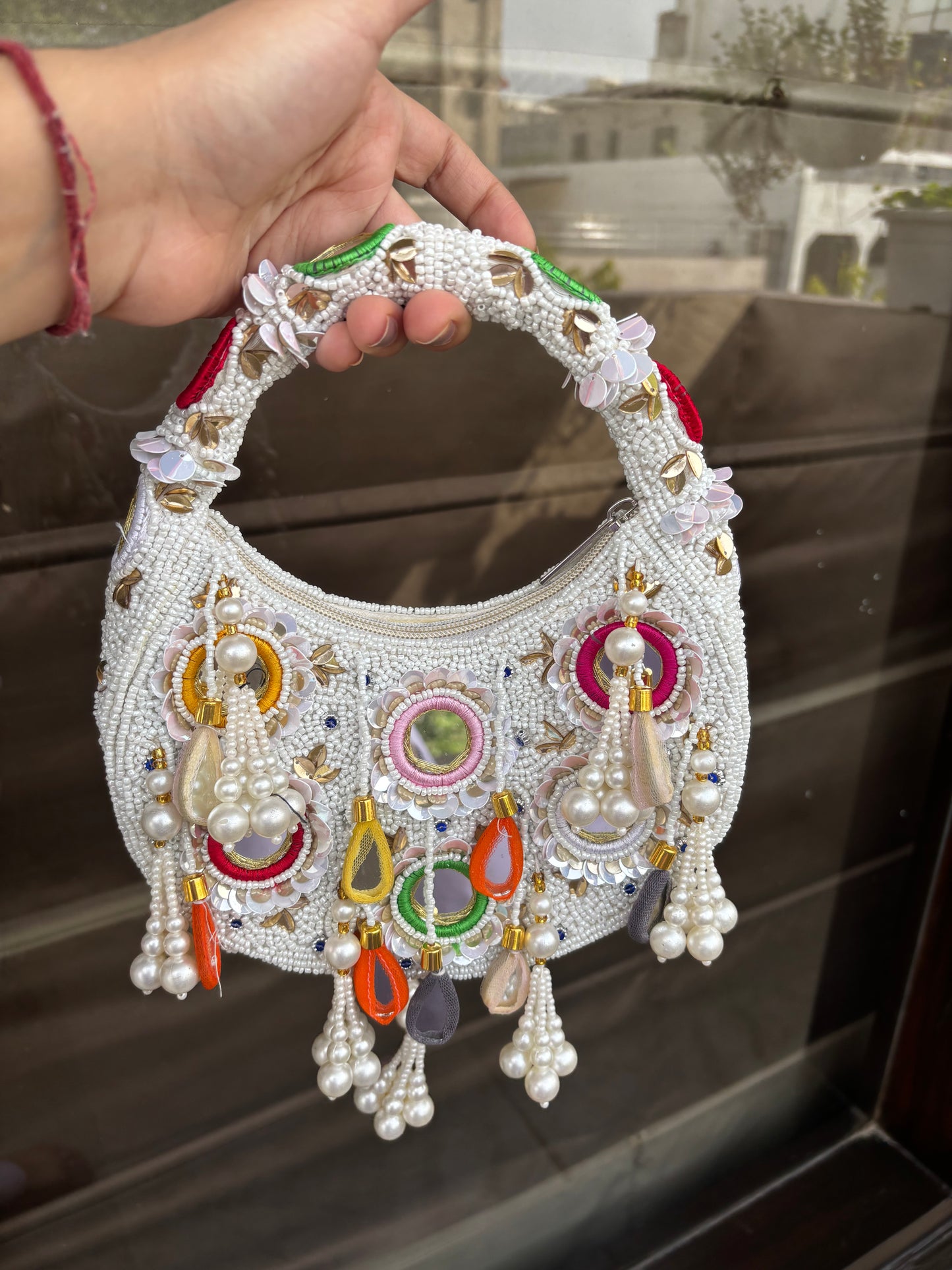 White Mirror Work Clutch Bag