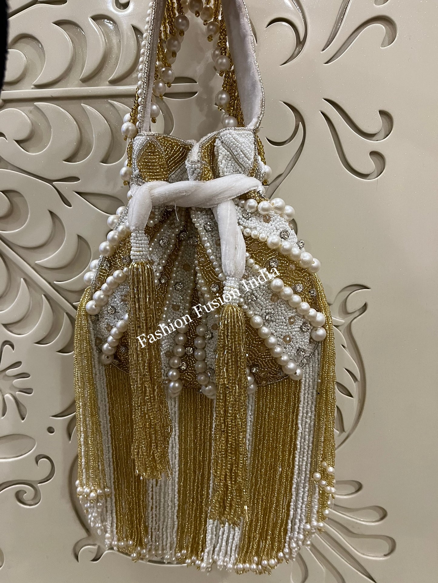 Gold and White Pearl Beaded Potli – Handcrafted Bridal & Festive Purse by Fashion Fusion India