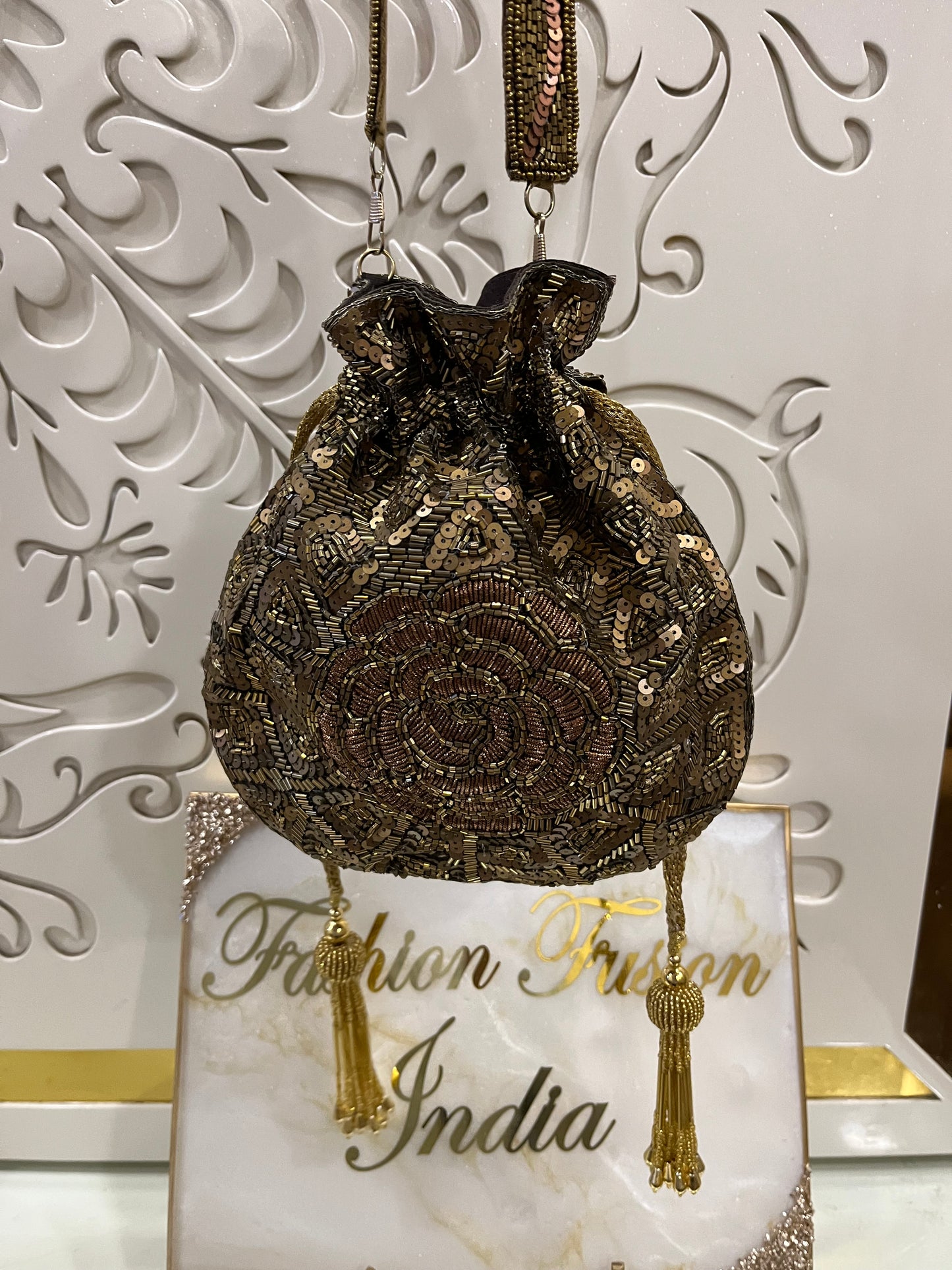 Sequin Embroidered Cutdana Potli Bag – Handmade Bridal & Festive Purse | Designer Golden & Silver Potli for Weddings & Parties by Fashion Fusion India