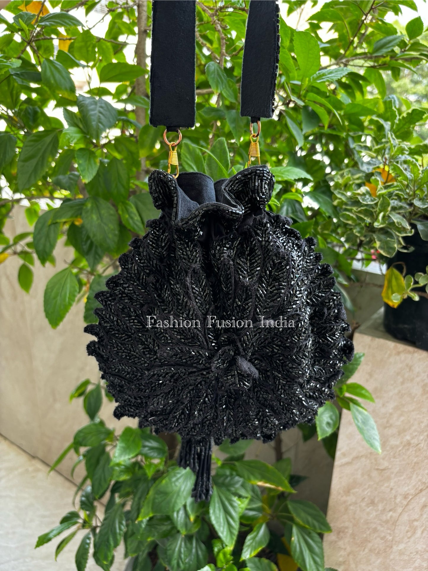 Black Beaded Flower Petal Potli Bag | Hand Embroidered Evening Clutch Purse for Weddings & Parties – Fashion Fusion India