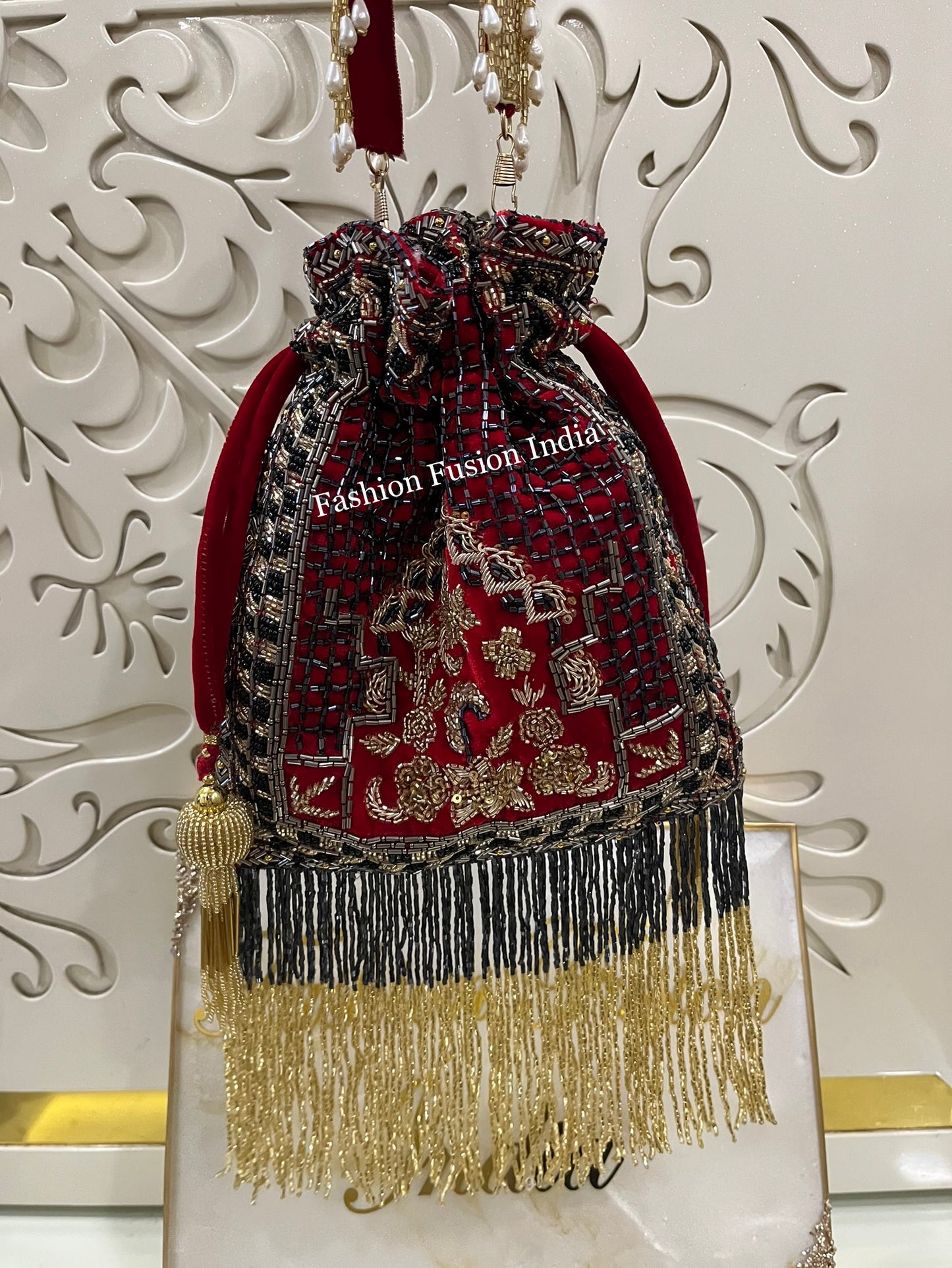 Red Embroidered Potli Bag | Velvet Wedding & Party Purse | Designer Fringe Potli Clutch | Indian Bridal Ethnic Handbag