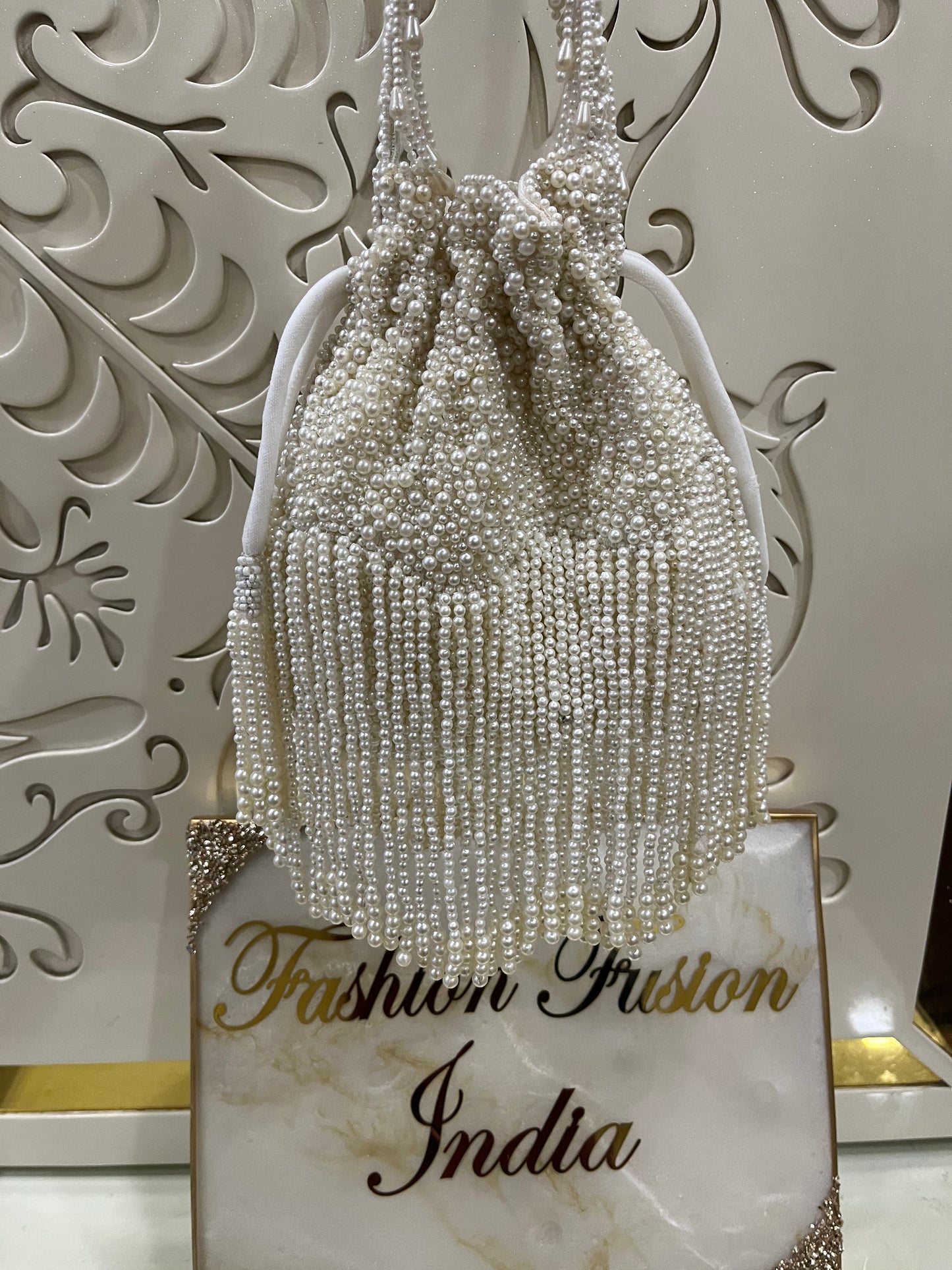 White Pearl Beaded Potli Bag – Handmade Bridal & Party Purse by Fashion Fusion India