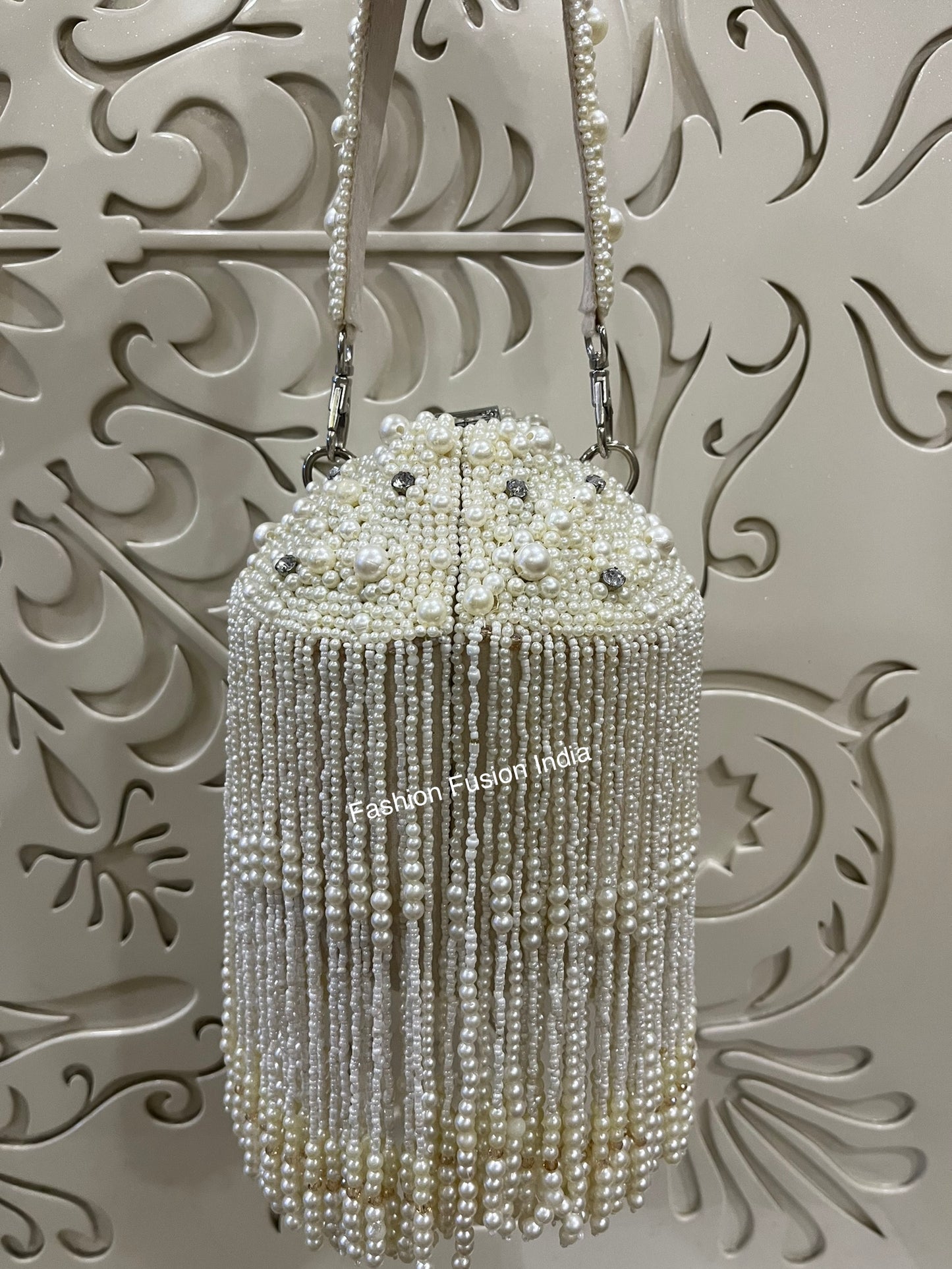 White Pearl Potli Bag – Handmade Beaded Bridal & Party Clutch | Fashion Fusion India