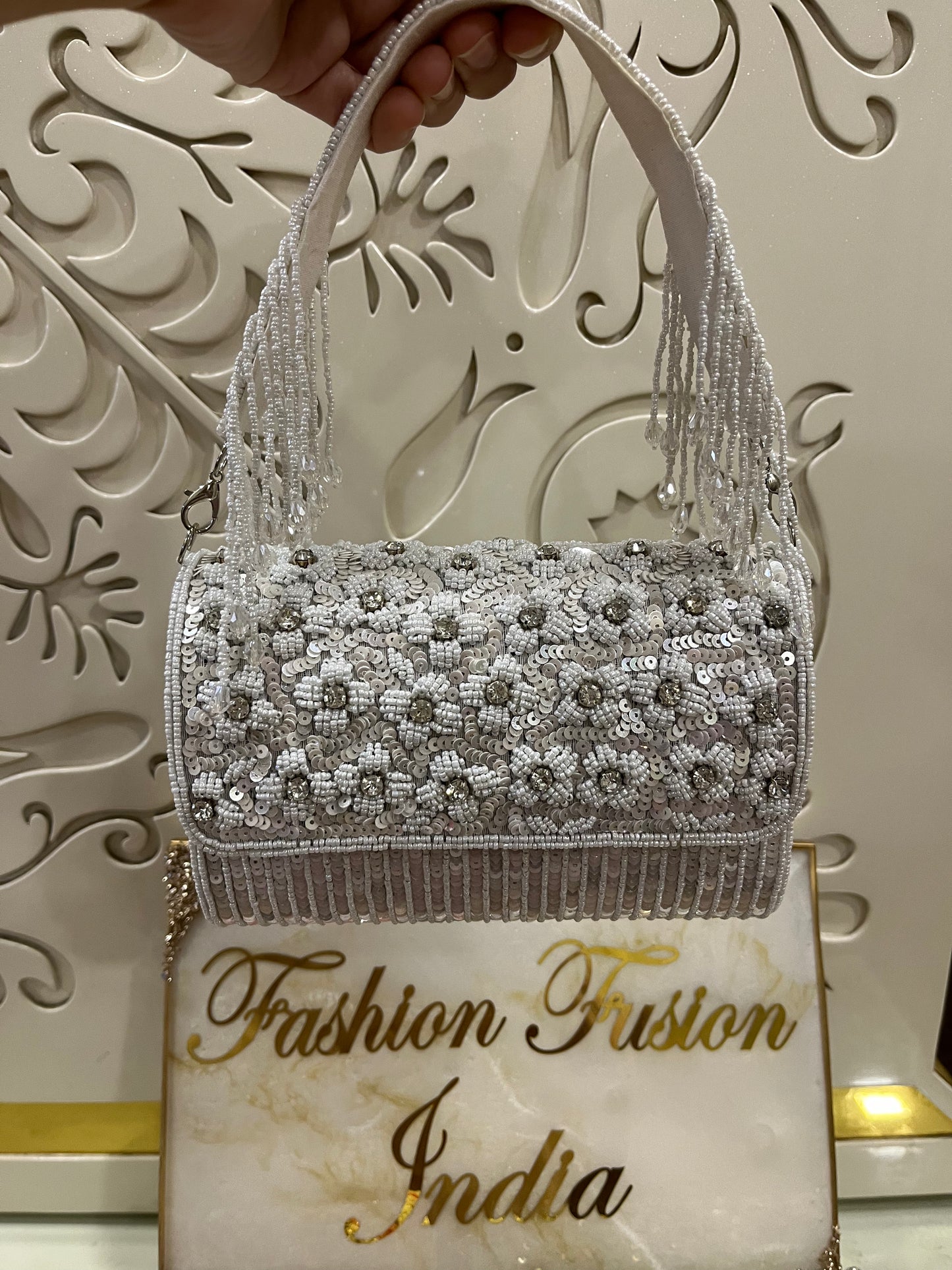 Sequin Pearl Floral Handbag – Handmade Designer Bridal & Party Purse by Fashion Fusion India