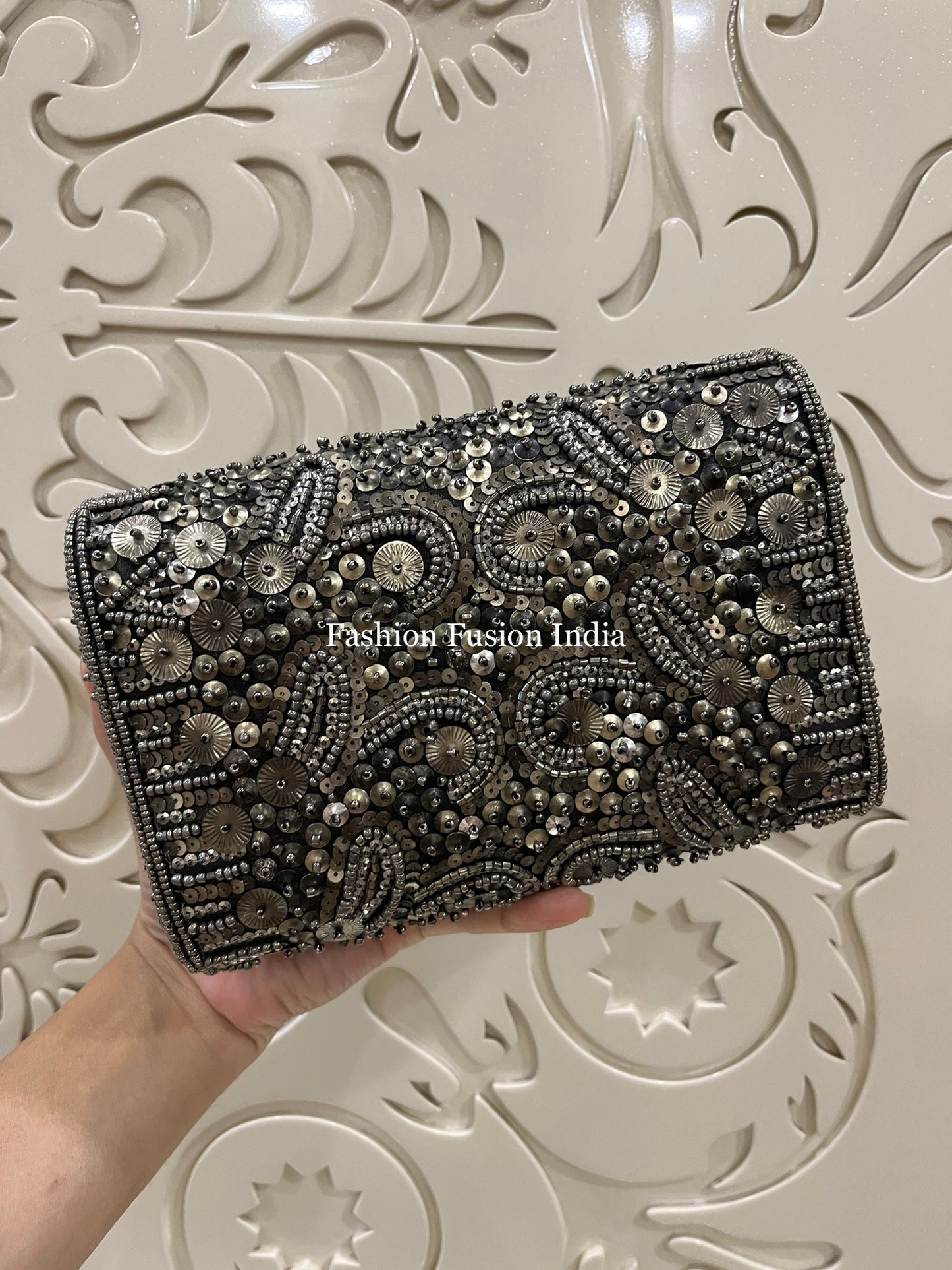 Antique Silver Beaded Clutch Bag – Handmade Designer Bridal & Party Purse by Fashion Fusion India