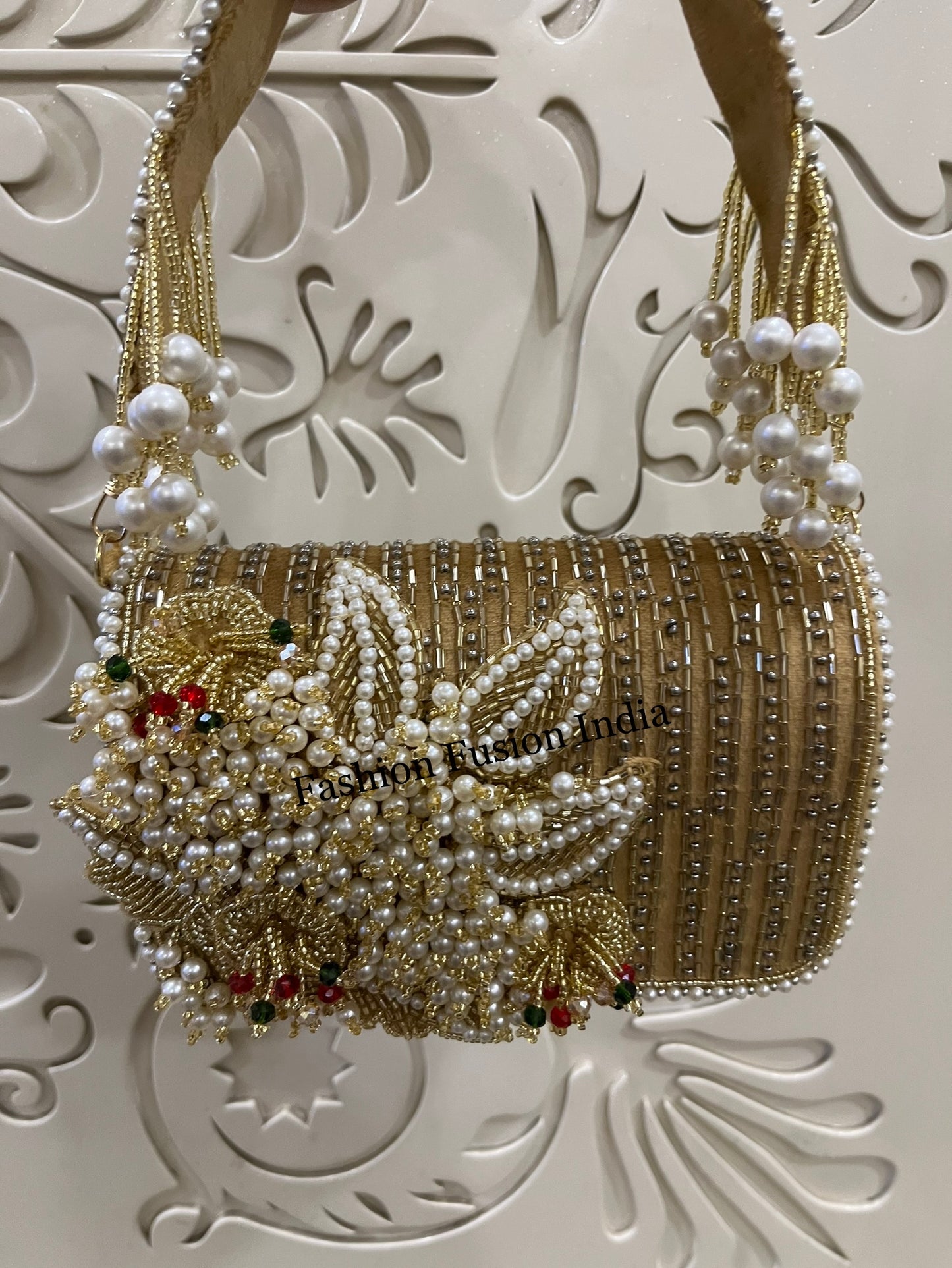Pearl Beaded Clutch Bag – Handcrafted Bridal & Festive Purse by Fashion Fusion India