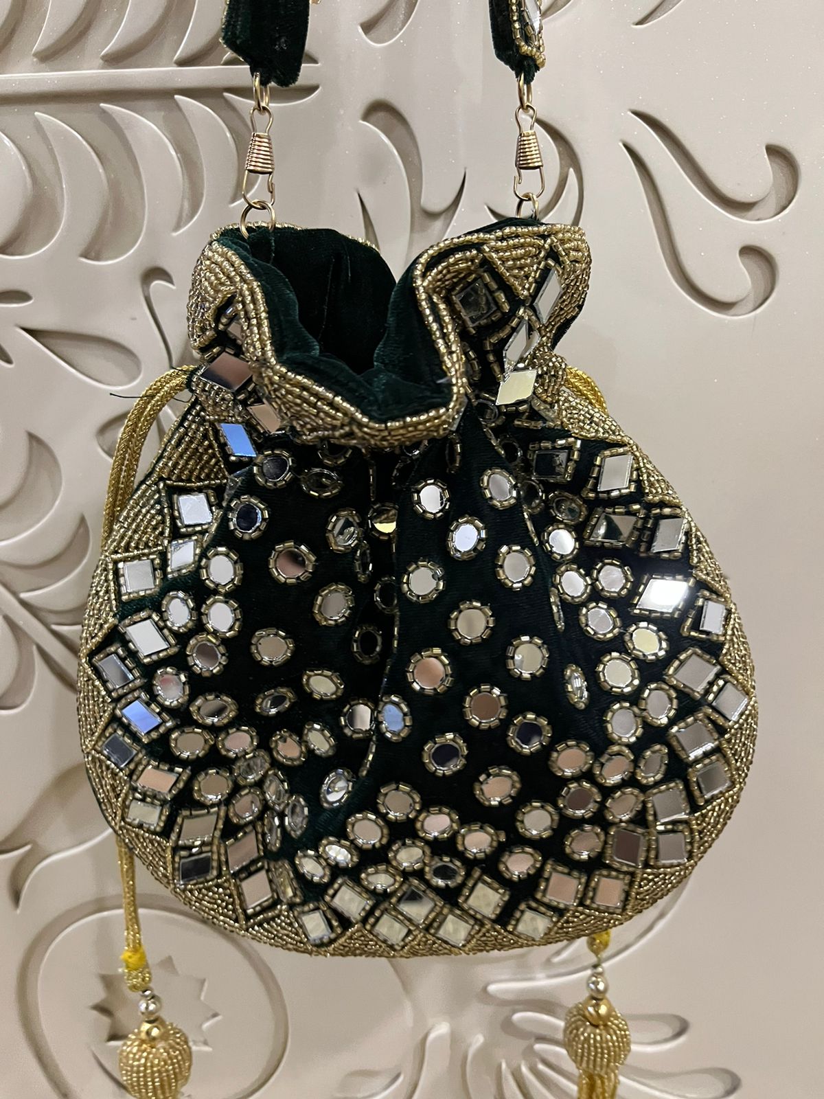 Mirror Embroidered Potli Bag – Handmade Bridal & Festive Purse | Designer Green, Red, Dark Green & Coral Potli for Weddings & Parties by Fashion Fusion India