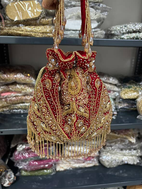 Bridal Zardozi Potli Bag – Handmade Red Embroidered Wedding Purse by Fashion Fusion India