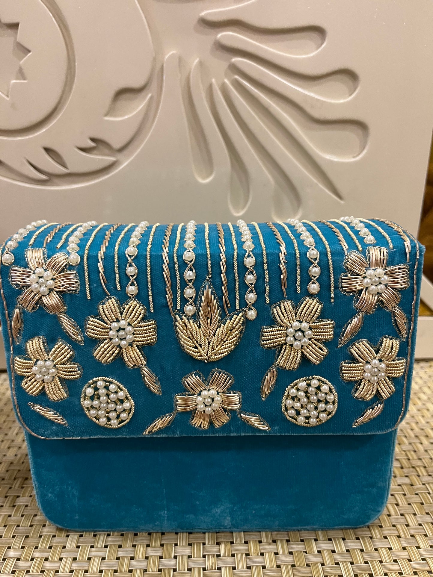 Velvet Embroidered Pearl Box Clutch Bag – Handmade MDF Hardcase Purse for Bridal & Festive Wear | Designer Party Clutch by Fashion Fusion India
