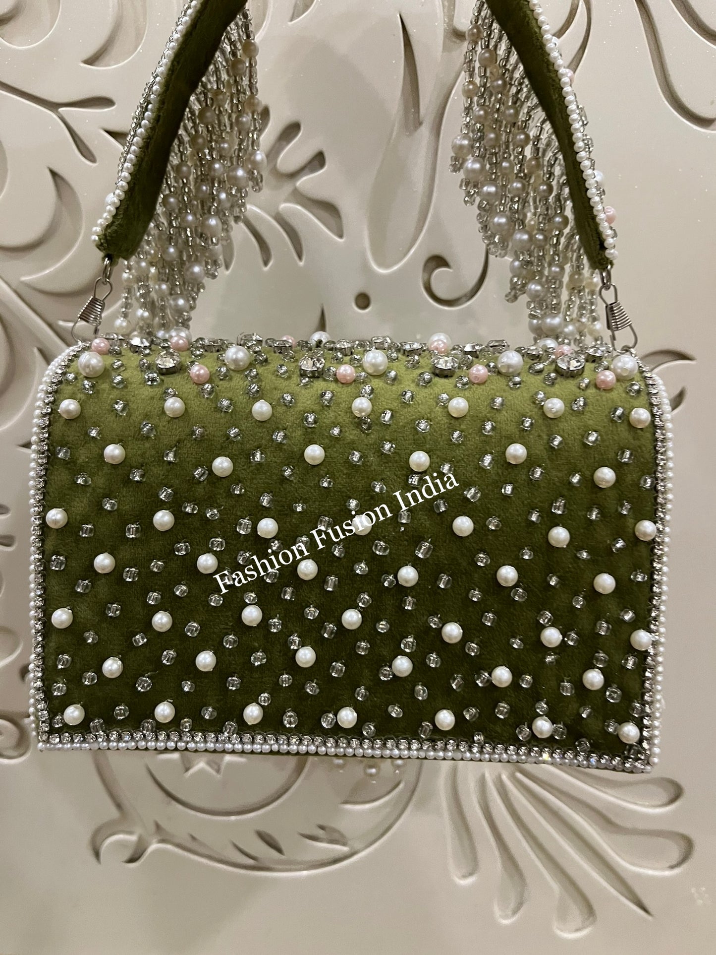 Crystal Pearl Embellished Clutch Bag – Handmade Designer Bridal & Party Purse by Fashion Fusion India