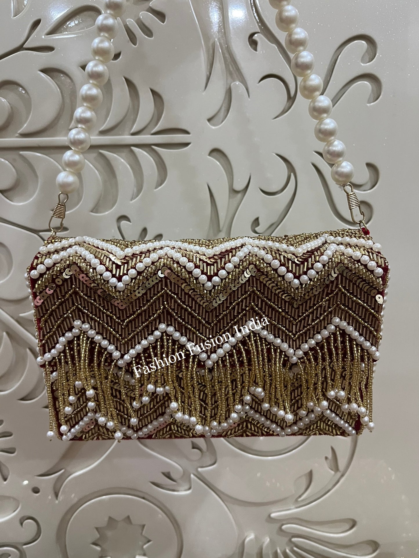 Embroidered Beaded Pearl Box Clutch Bag – Handmade MDF Hardcase Purse for Bridal, Party & Festive Wear | Designer Clutch by Fashion Fusion India