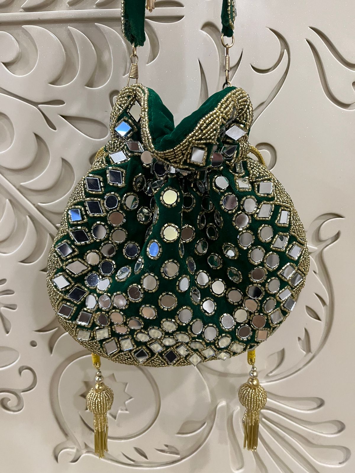 Mirror Embroidered Potli Bag – Handmade Bridal & Festive Purse | Designer Green, Red, Dark Green & Coral Potli for Weddings & Parties by Fashion Fusion India