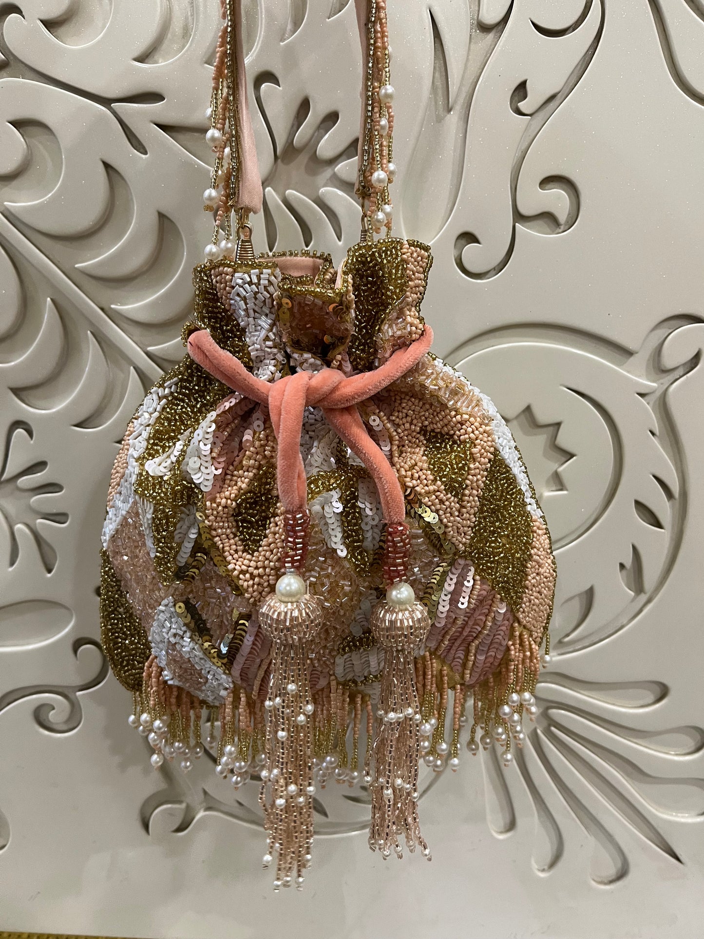 Peach Sequin Beaded Pearl Potli Bag – Handmade Bridal & Festive Purse by Fashion Fusion India