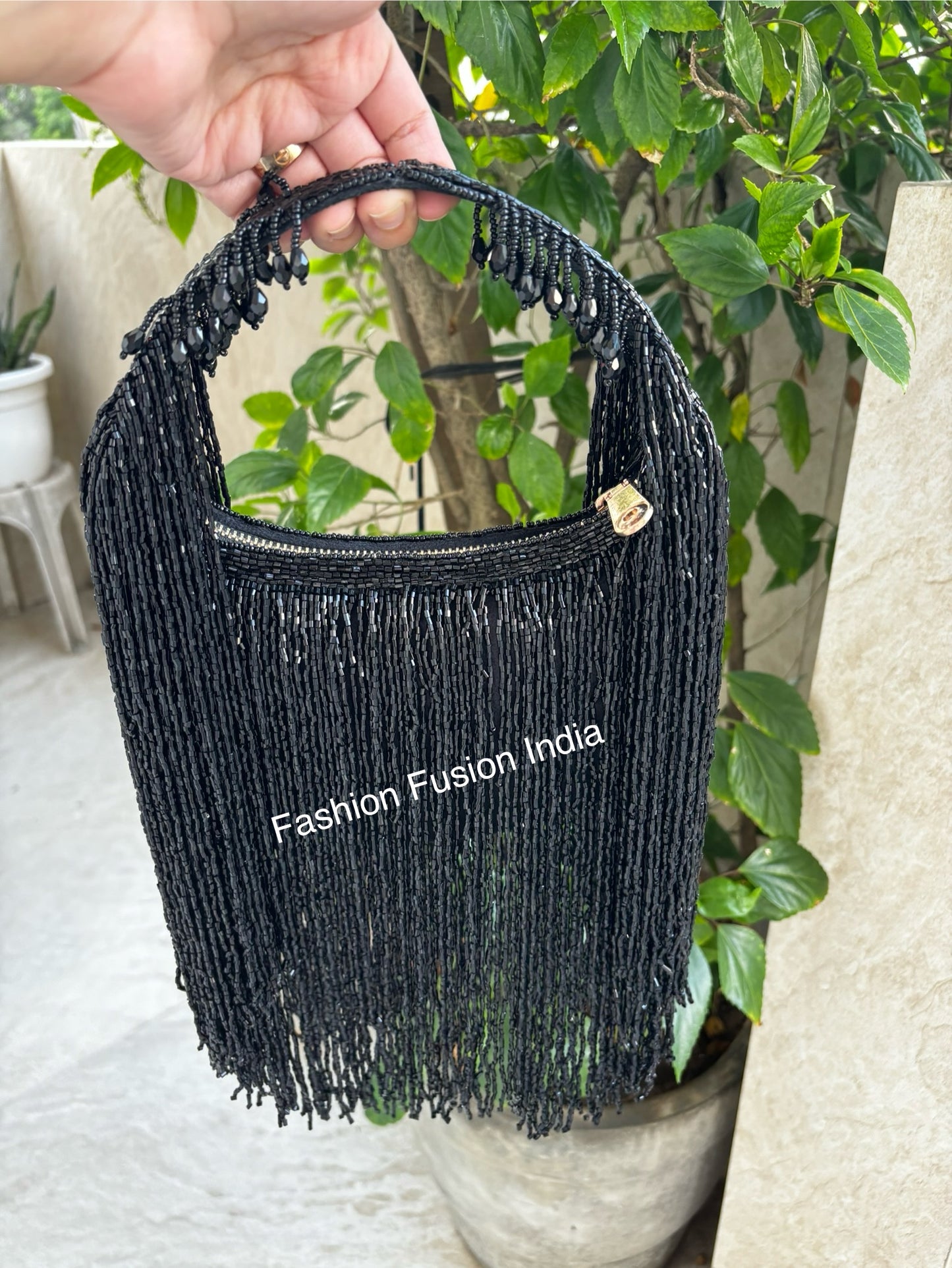Black Beaded Tassel Bag | Handmade Evening Clutch | Bridal & Party Purse | Ethnic Handbag by Fashion Fusion India