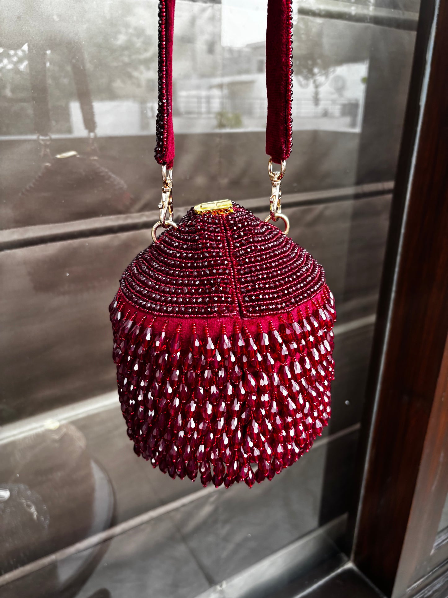 Blue Crystal Beaded Bucket Bag | Velvet Evening Purse with Royal Elegance