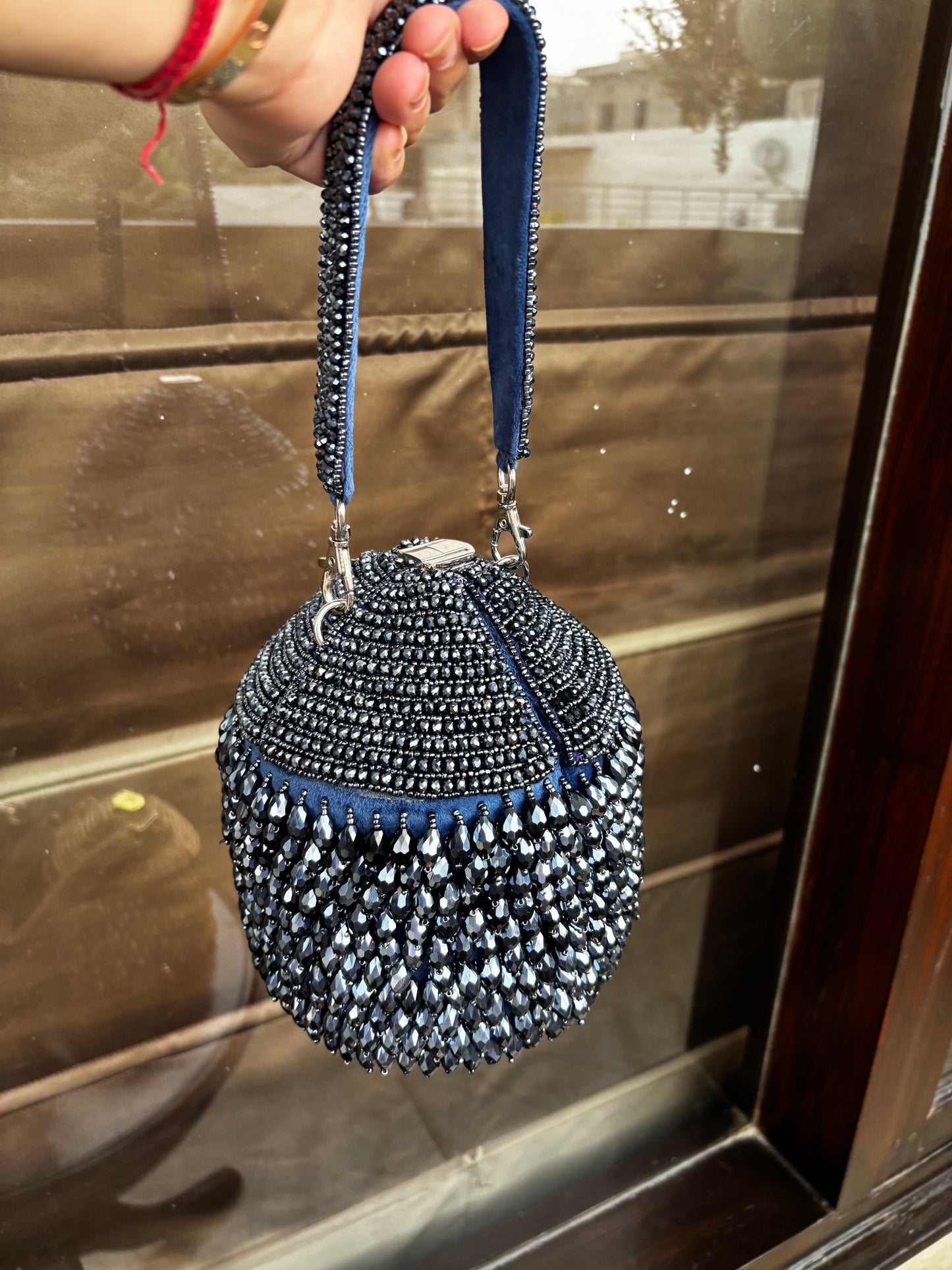 Blue Crystal Beaded Bucket Bag | Velvet Evening Purse with Royal Elegance