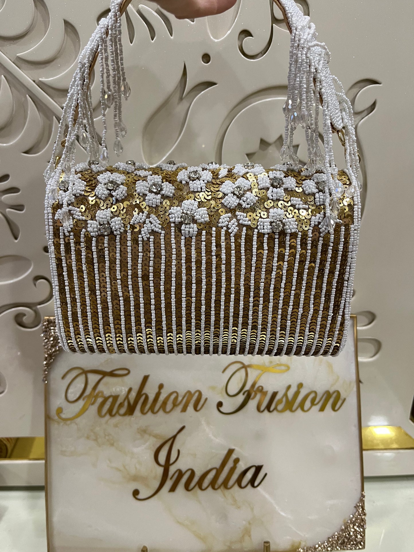 Sequin Pearl Floral Handbag – Handmade Designer Bridal & Party Purse by Fashion Fusion India