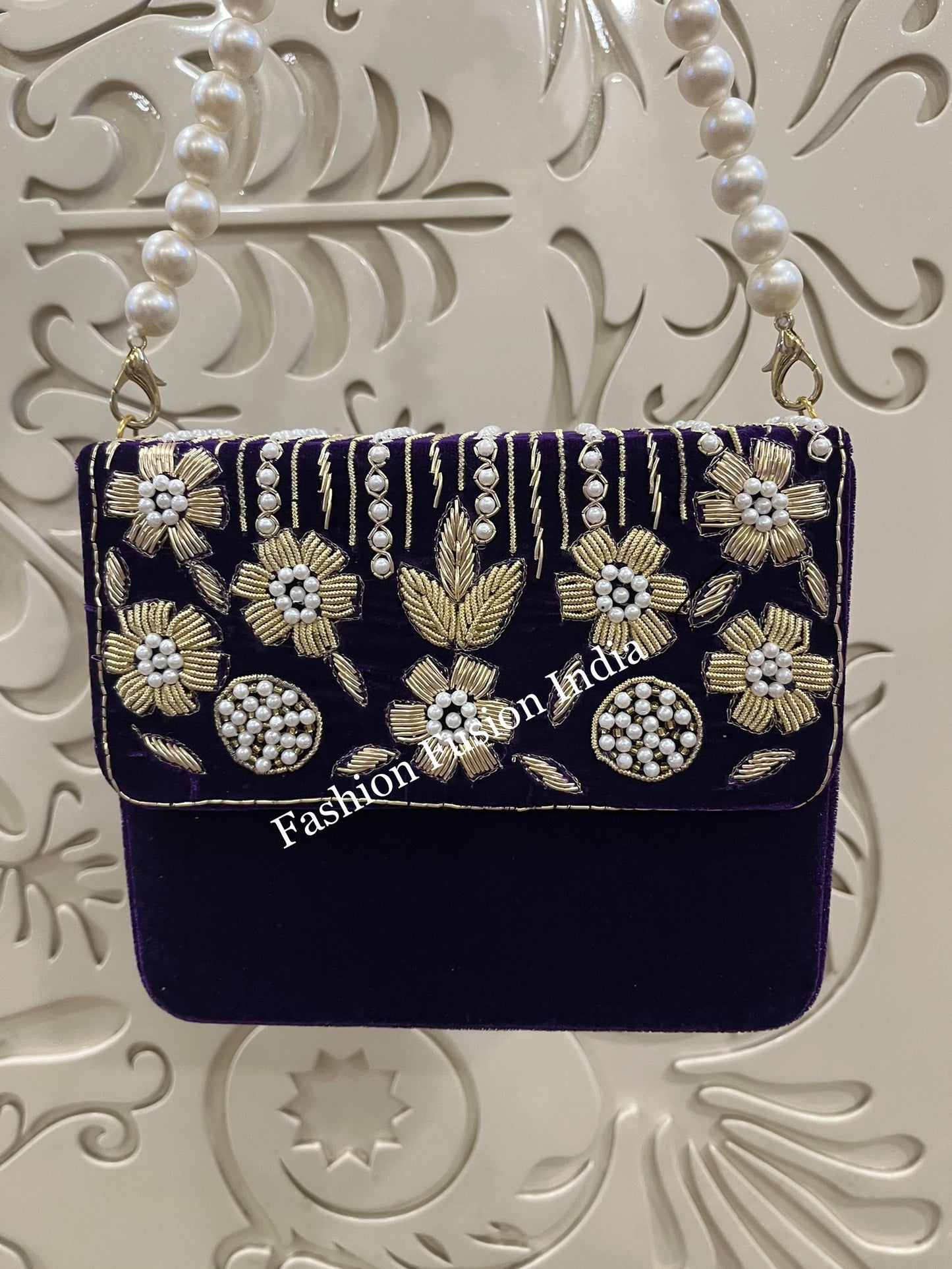 Velvet Embroidered Pearl Box Clutch Bag – Handmade MDF Hardcase Purse for Bridal & Festive Wear | Designer Party Clutch by Fashion Fusion India