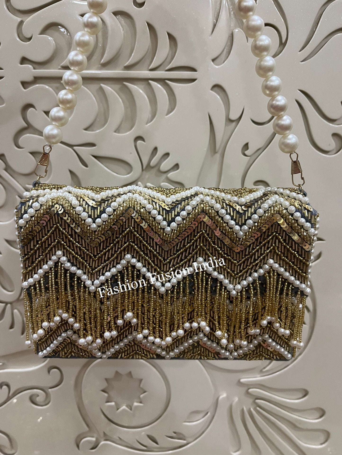 Embroidered Beaded Pearl Box Clutch Bag – Handmade MDF Hardcase Purse for Bridal, Party & Festive Wear | Designer Clutch by Fashion Fusion India