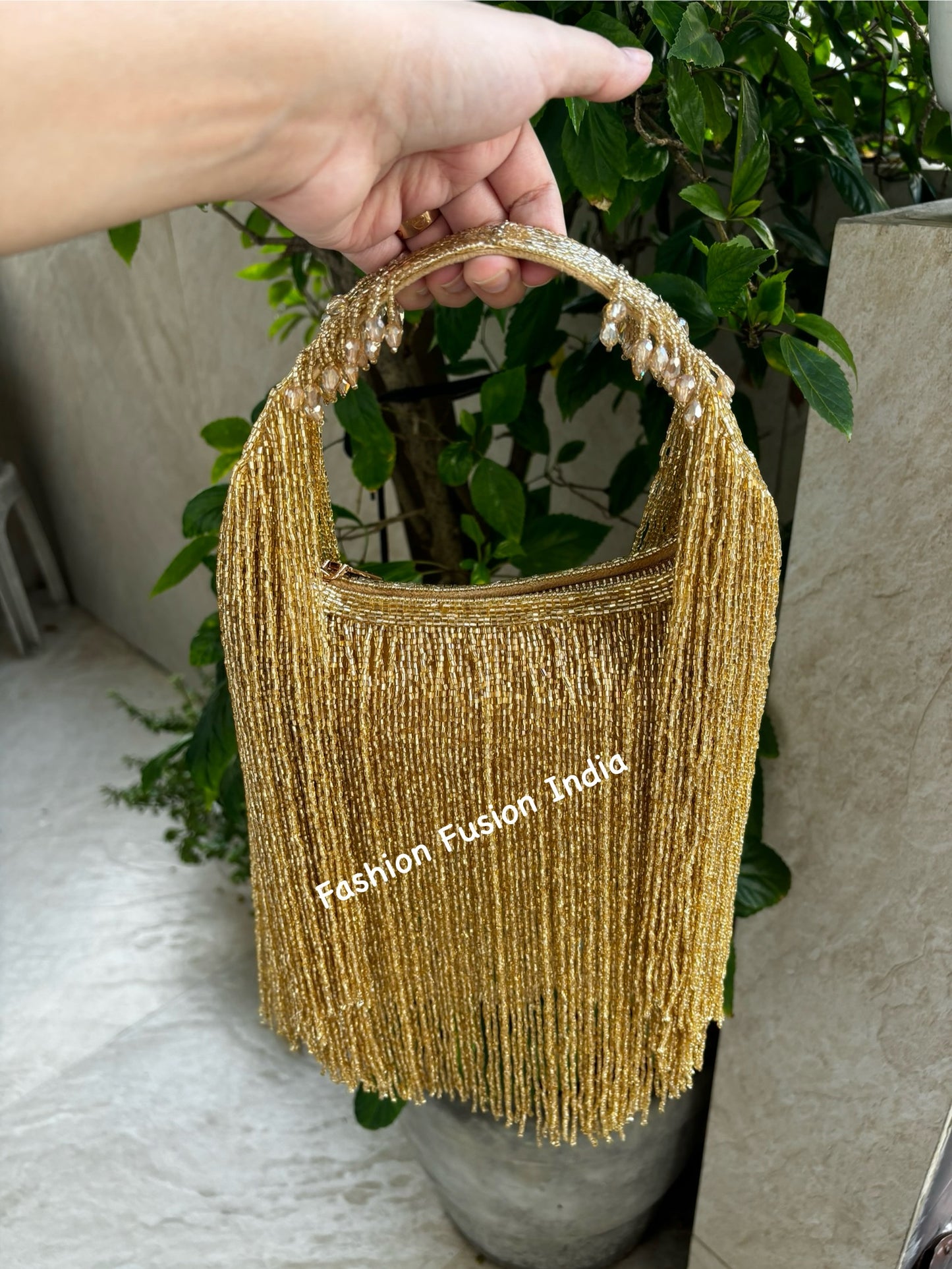 Gold Beaded Tassel Bag | Handmade Bridal Clutch | Evening Party Purse | Ethnic Handbag by Fashion Fusion India