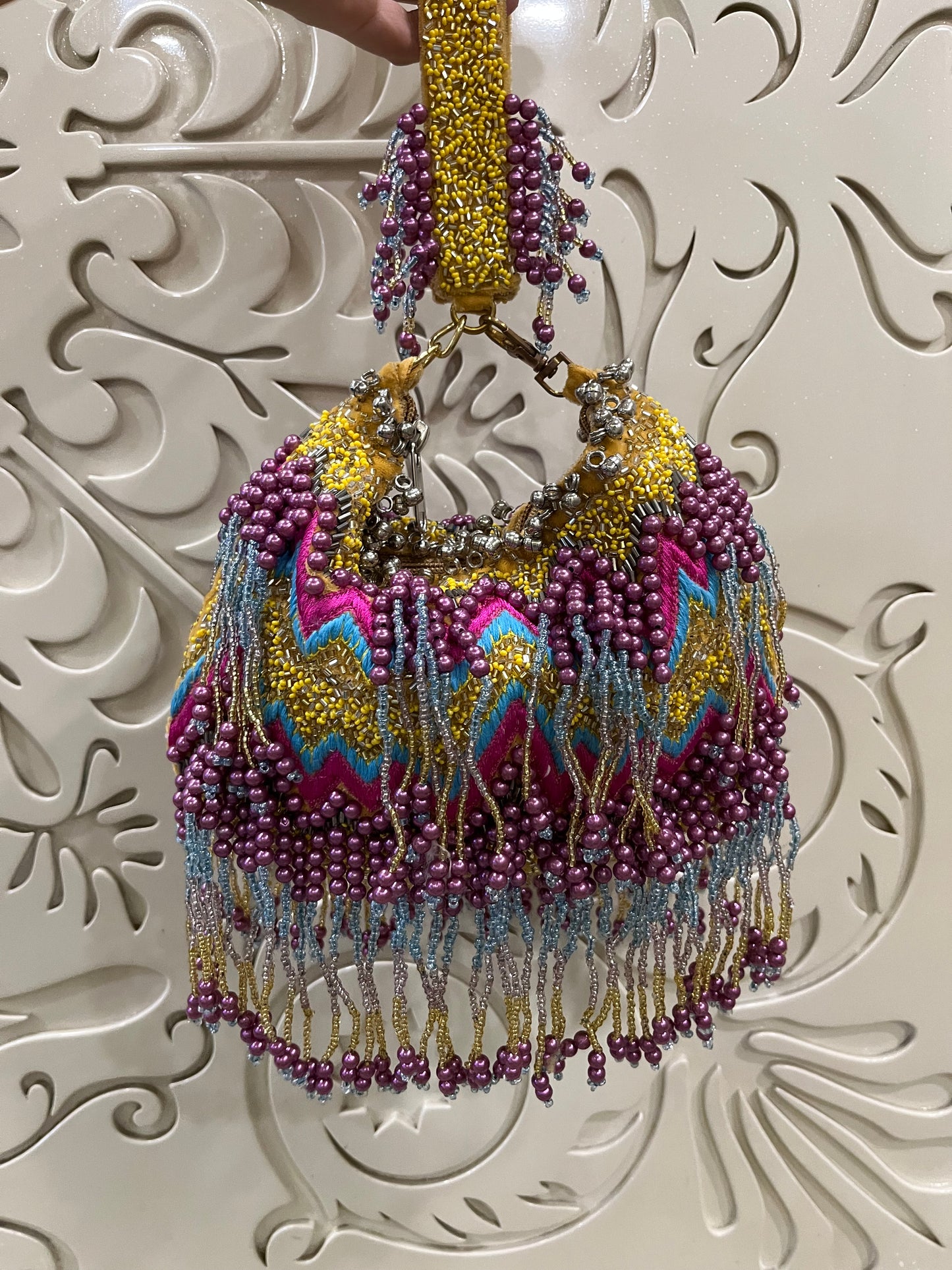 Multicolor Beaded Loop Embroidered Potli Bag – Handmade Bridal & Festive Purse | Designer Beaded Tassel Potli for Weddings & Parties by Fashion Fusion India