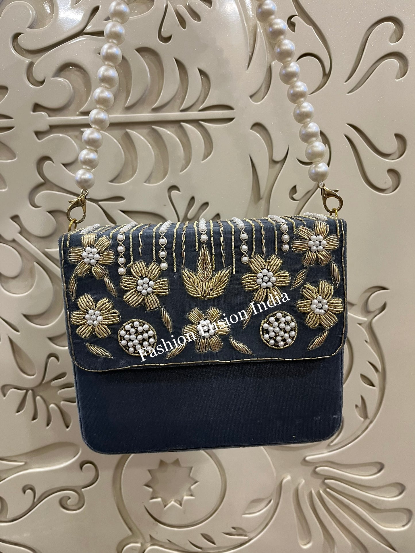 Velvet Embroidered Pearl Box Clutch Bag – Handmade MDF Hardcase Purse for Bridal & Festive Wear | Designer Party Clutch by Fashion Fusion India