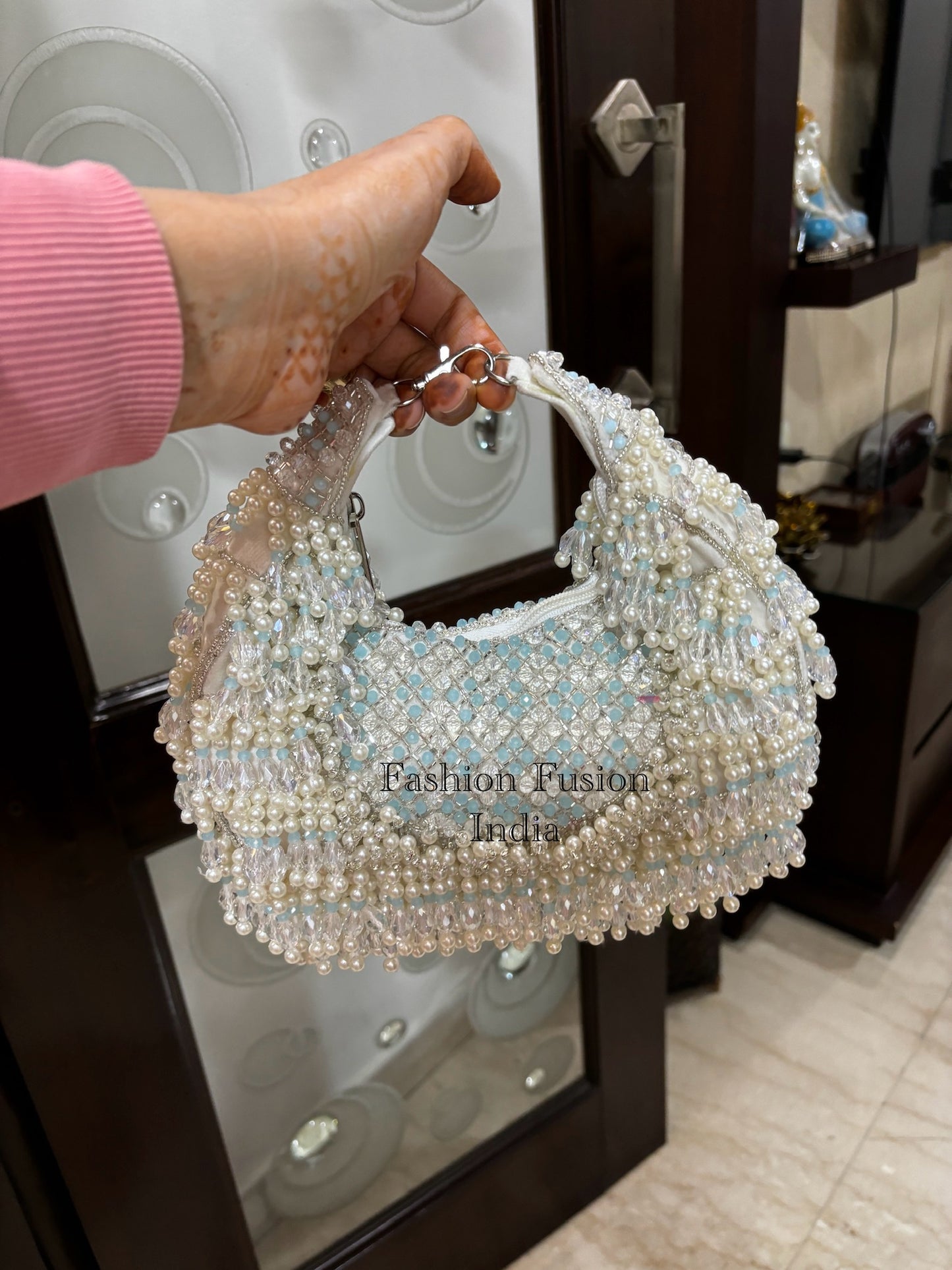 White Blue Crystals Moon Loope Potli Bag