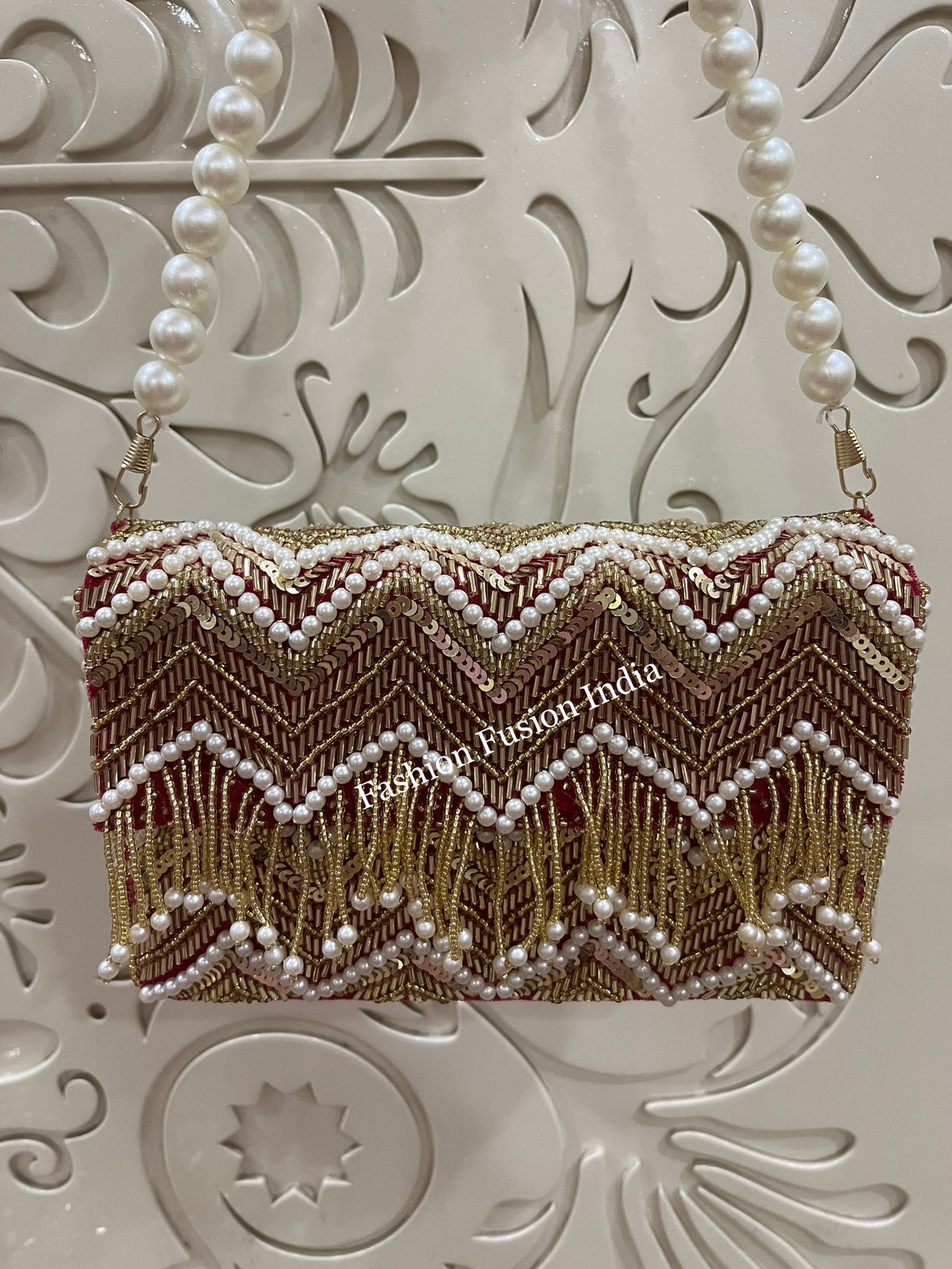 Embroidered Beaded Pearl Box Clutch Bag – Handmade MDF Hardcase Purse for Bridal, Party & Festive Wear | Designer Clutch by Fashion Fusion India