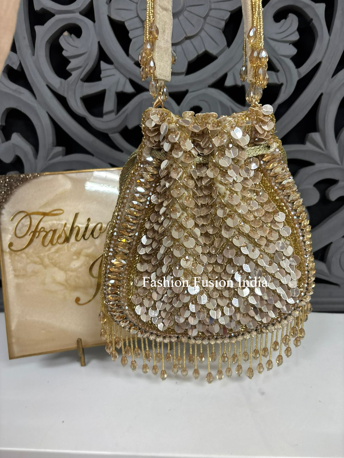 Beige Sequin Embellished Bridal Potli Bag