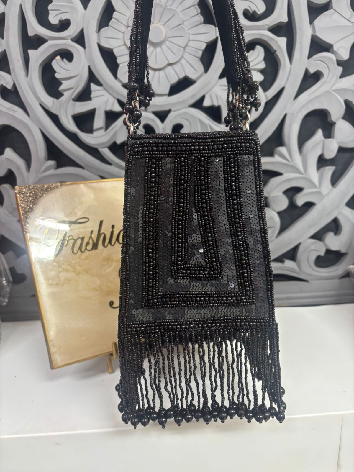 Black Sequin Beaded Box Clutch Bag
