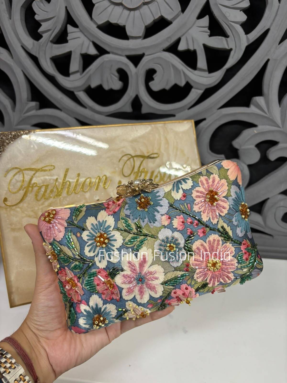 Blue Multi Floral Embroidered Designer Clutch Bag for Women