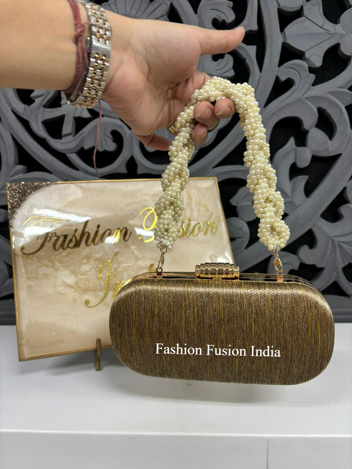 Brown Textured Clutch Bag with Pearl Handle