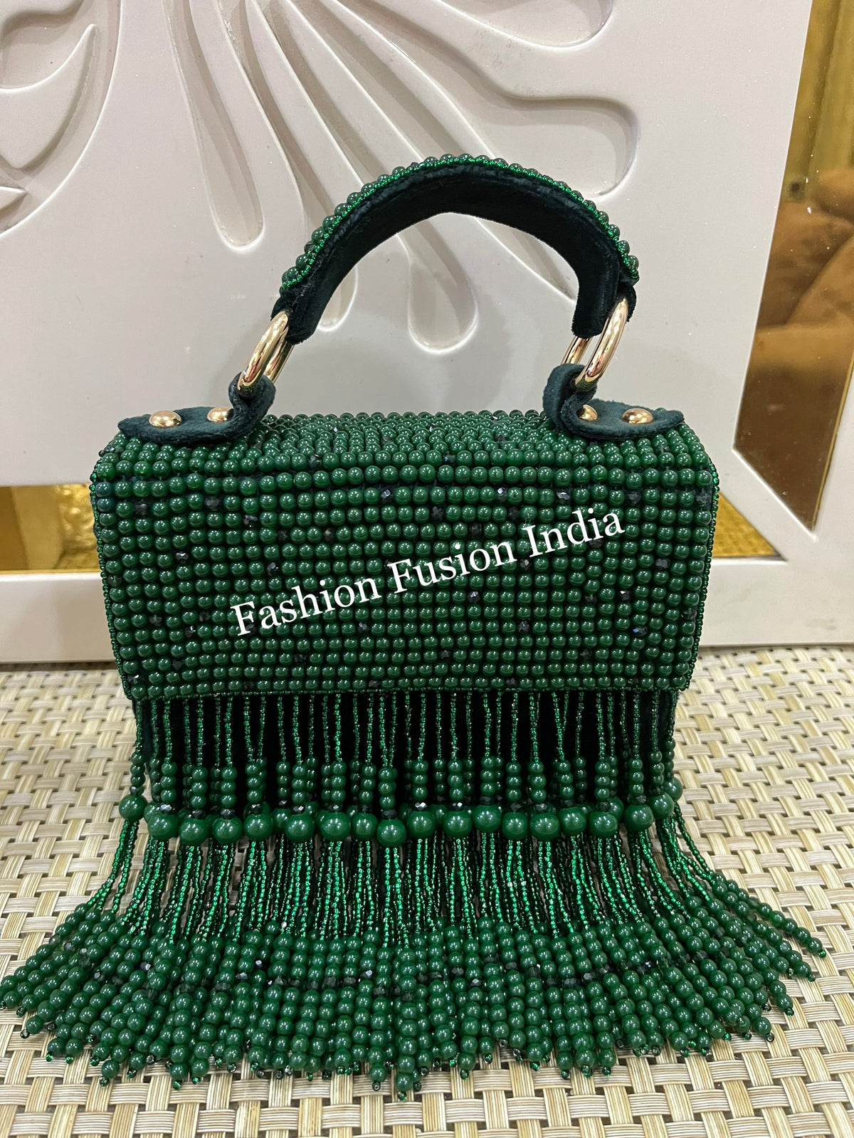 Green Beaded Pearl Fringe Handbag